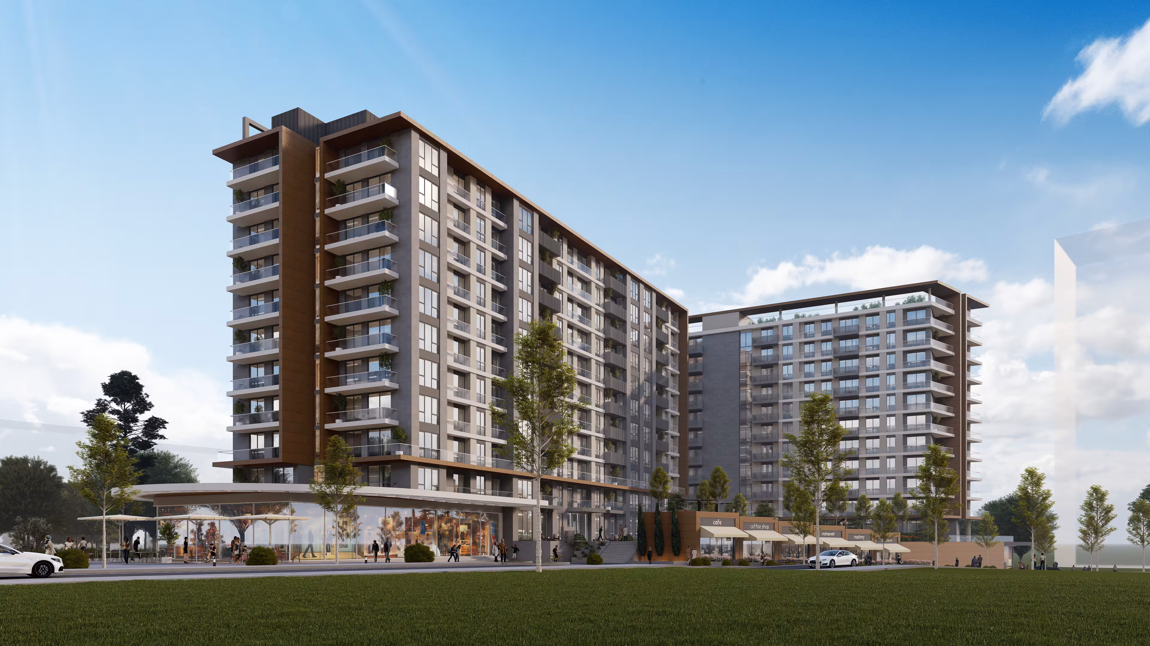 Valory Güneşli general complex view - modern architectural blocks, commercial areas and green landscape in luxury residential project Istanbul Güneşli