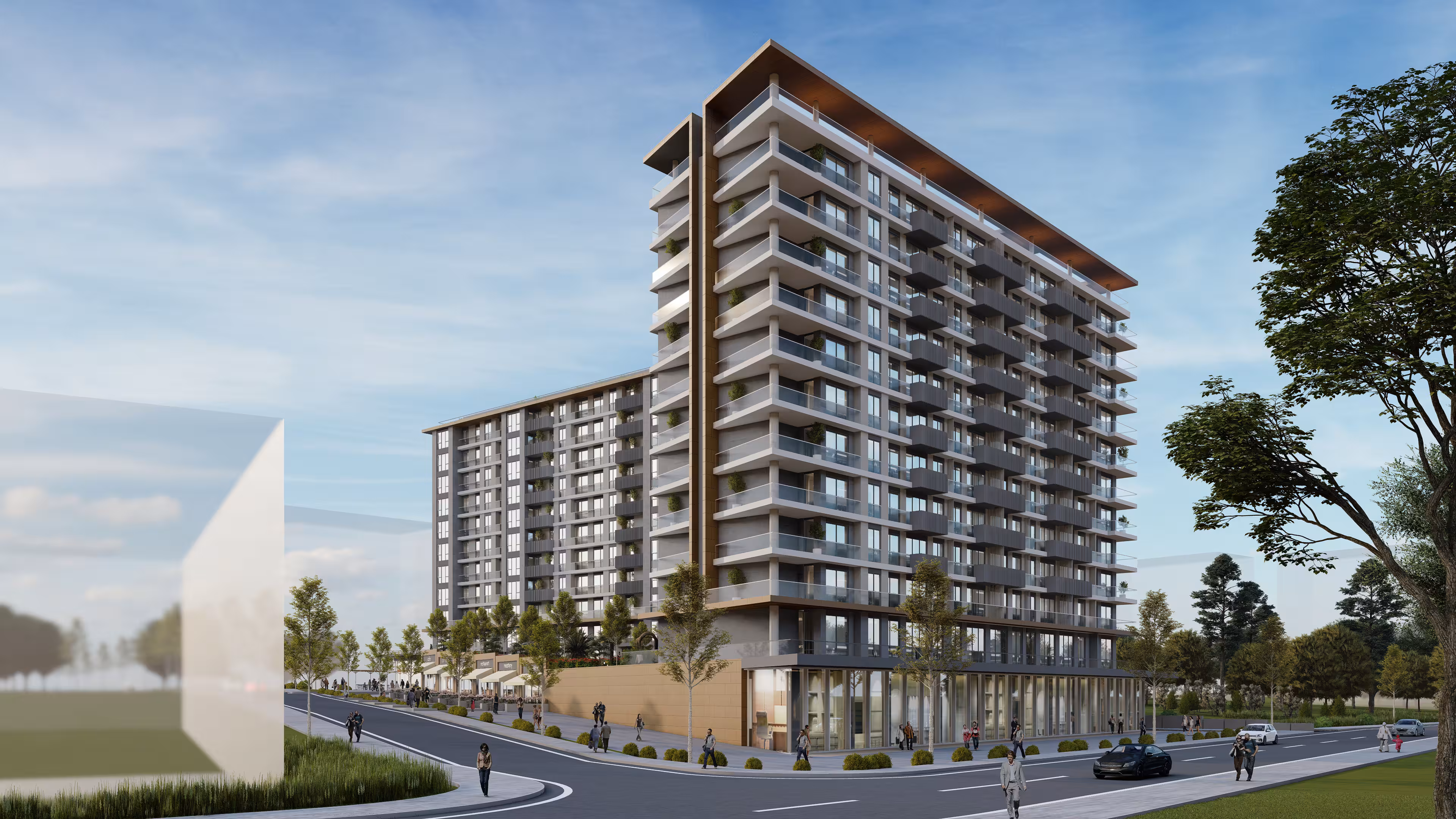 Valory Güneşli single block perspective view - apartments with balconies, modern facade design and surrounding landscaping