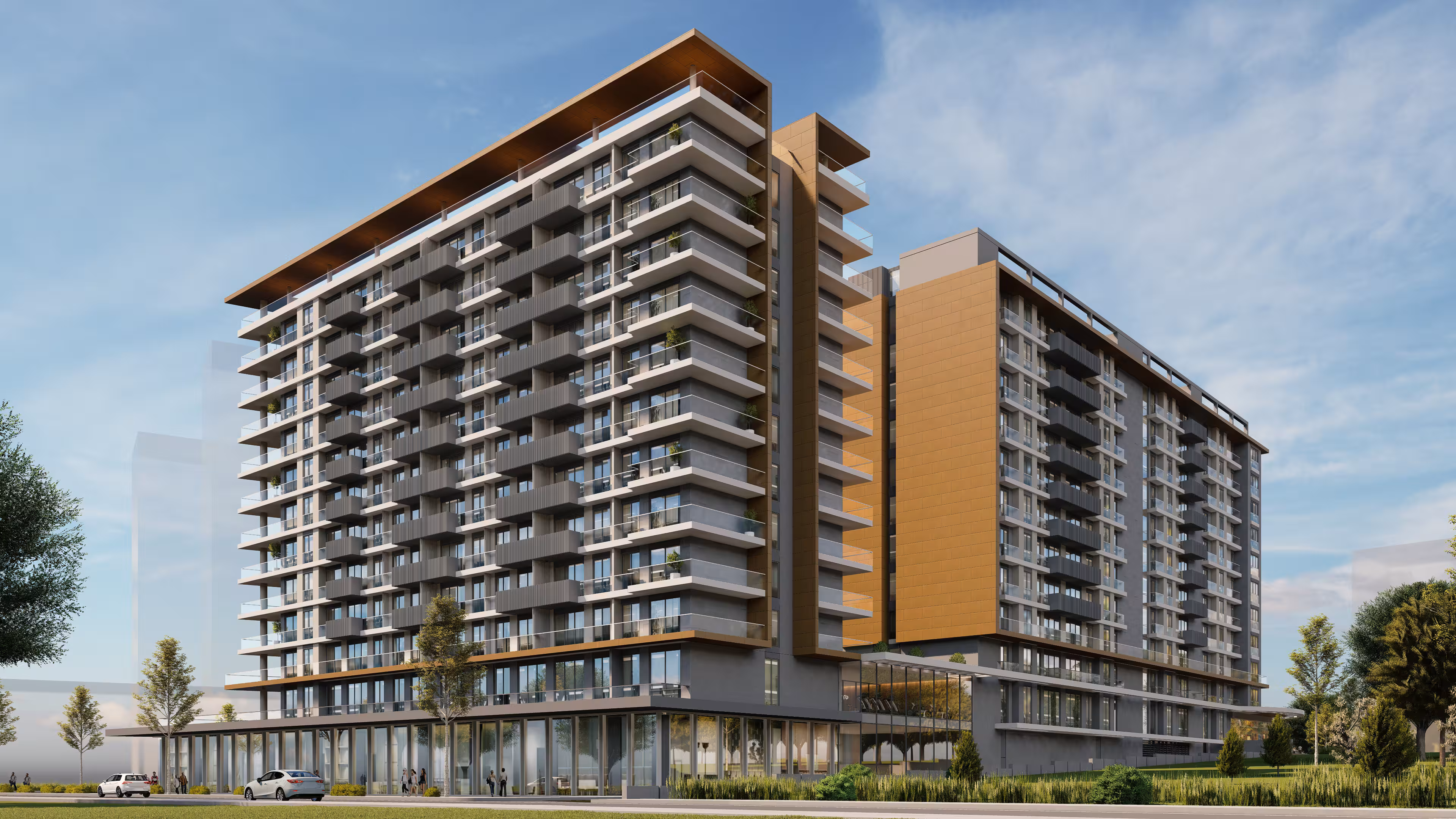 Valory Güneşli twin block facade view - wooden details, glass balconies and modern urban architectural design