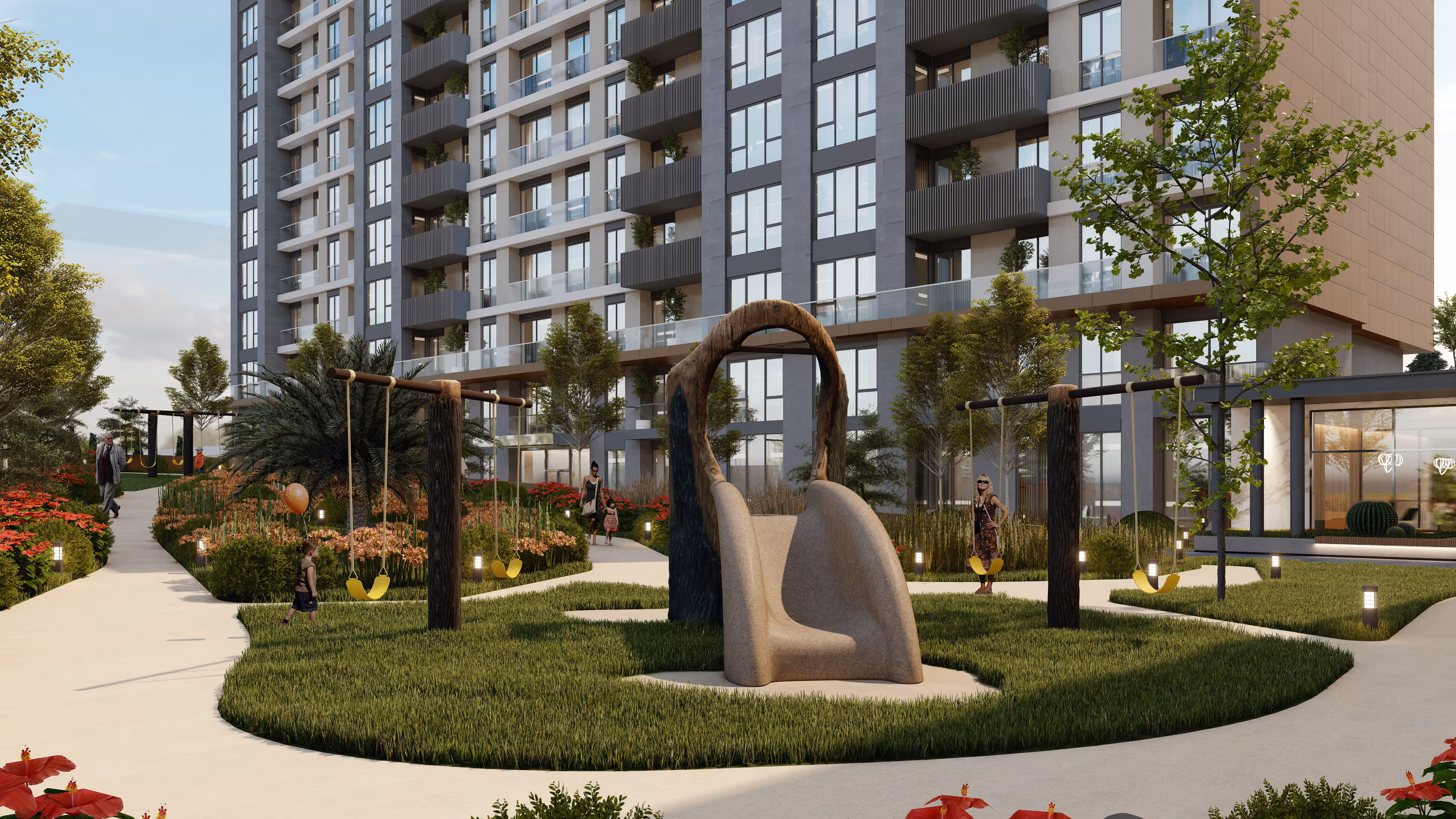 Valory Güneşli children's playground and landscape garden - art installations, green areas and resting spots in family-friendly living space