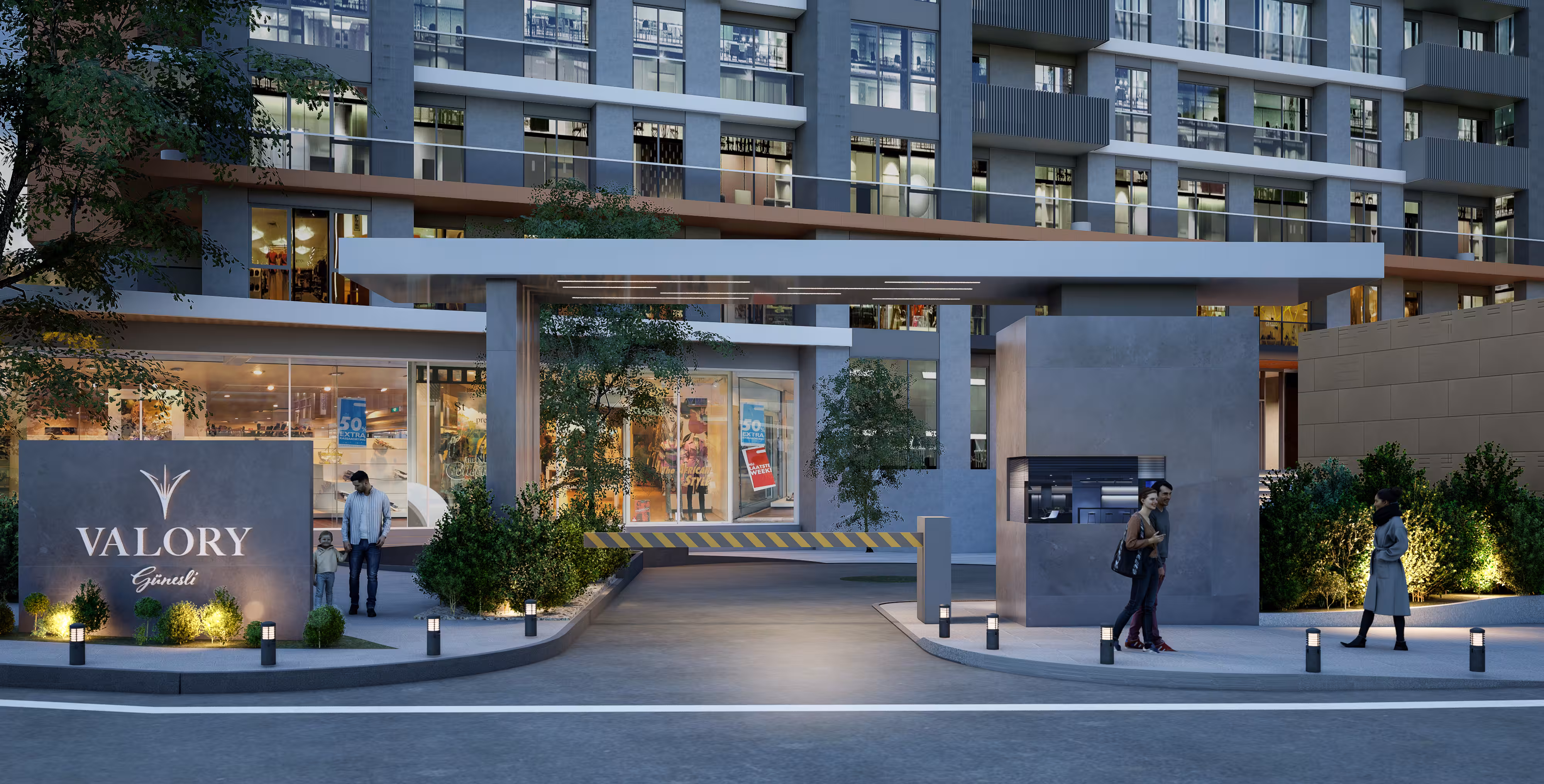 Valory Güneşli main entrance and project logo - night lighting, landscape design and modern architectural design in prestigious residential complex