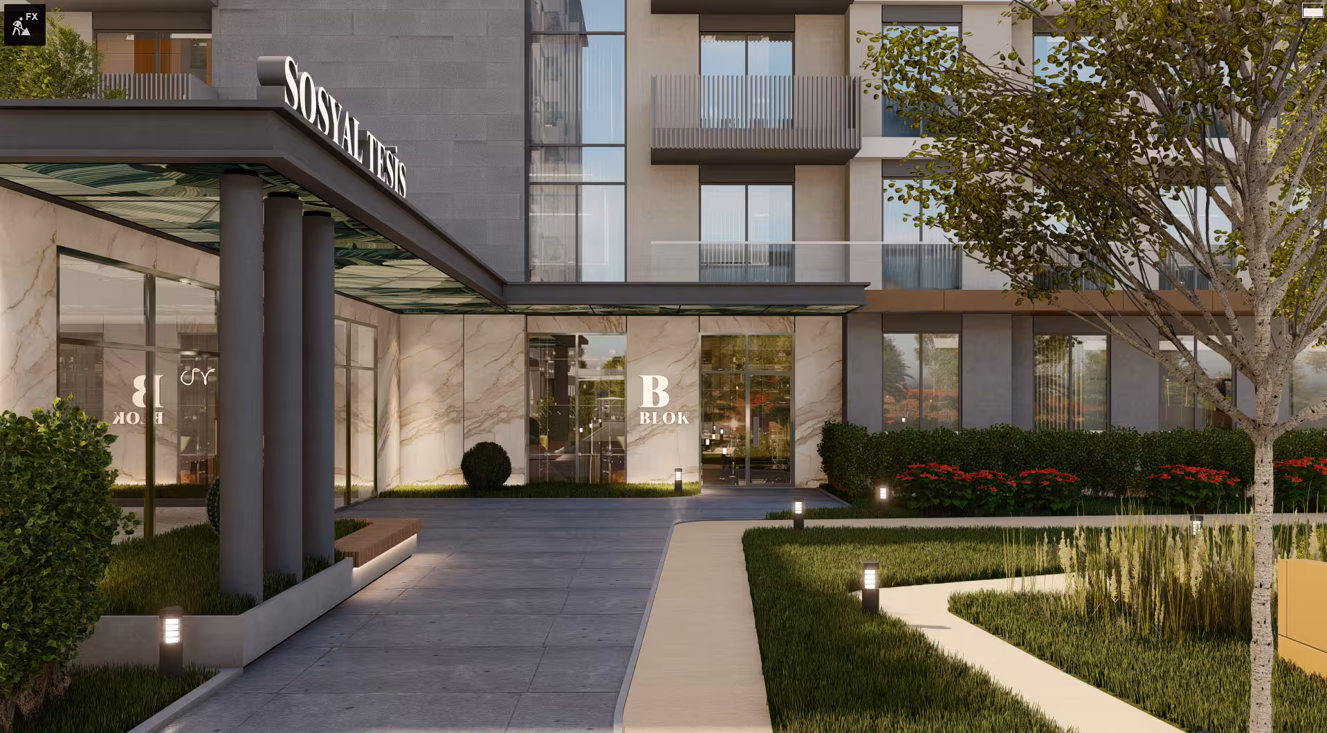 Valory Güneşli social facility entrance area - B block entrance, landscape garden and walking paths in community living space