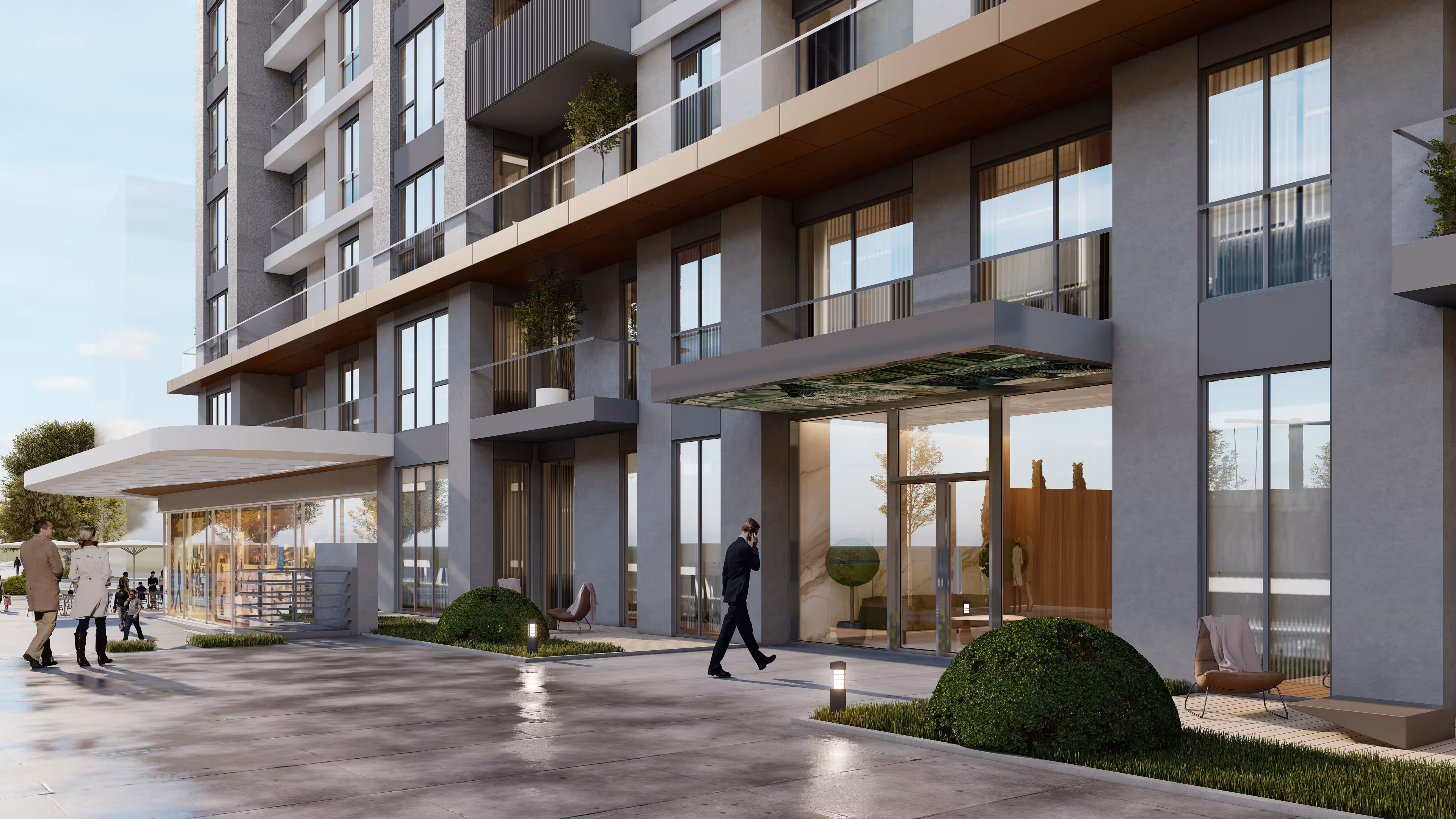 Valory Güneşli ground floor detail view - modern lobby entrance, landscape arrangement and pedestrian-friendly design