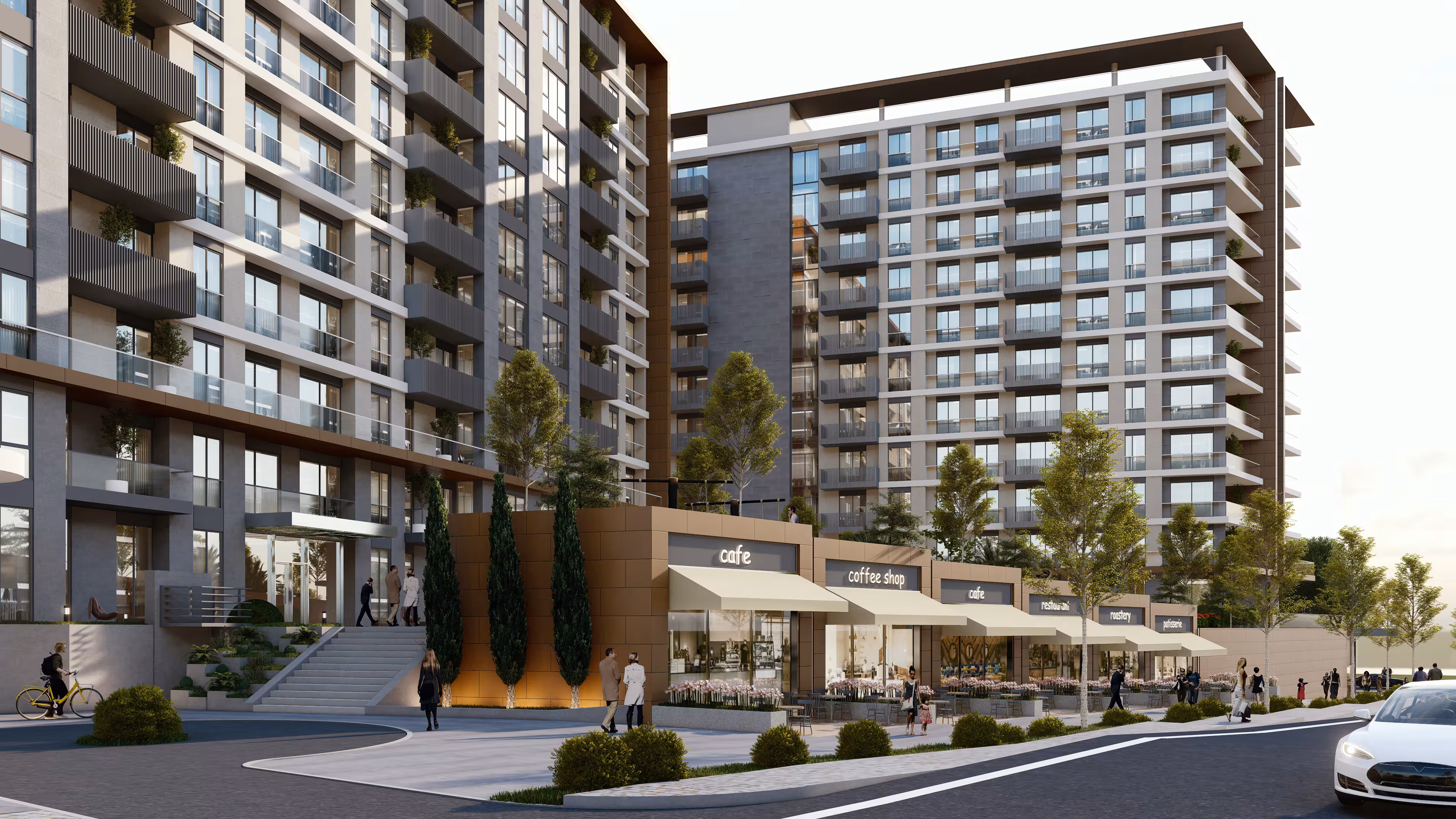 Valory Güneşli cafe and social areas - outdoor terrace, commercial units and green space arrangement in community living center