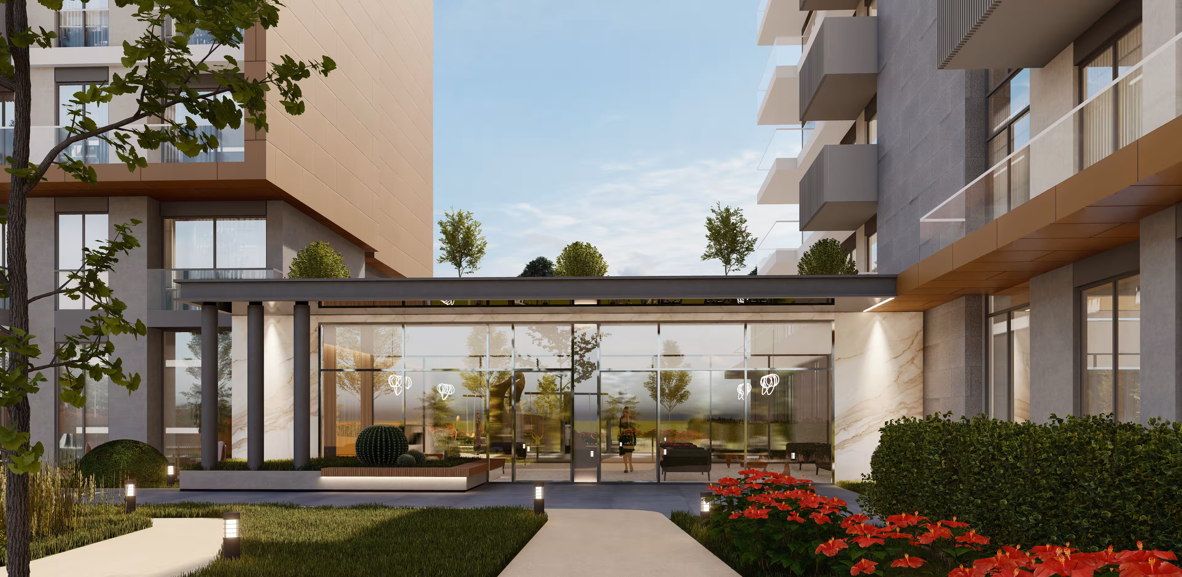 Valory Güneşli social facility entrance detail - glass facade, landscape arrangement and flower gardens in modern complex entrance