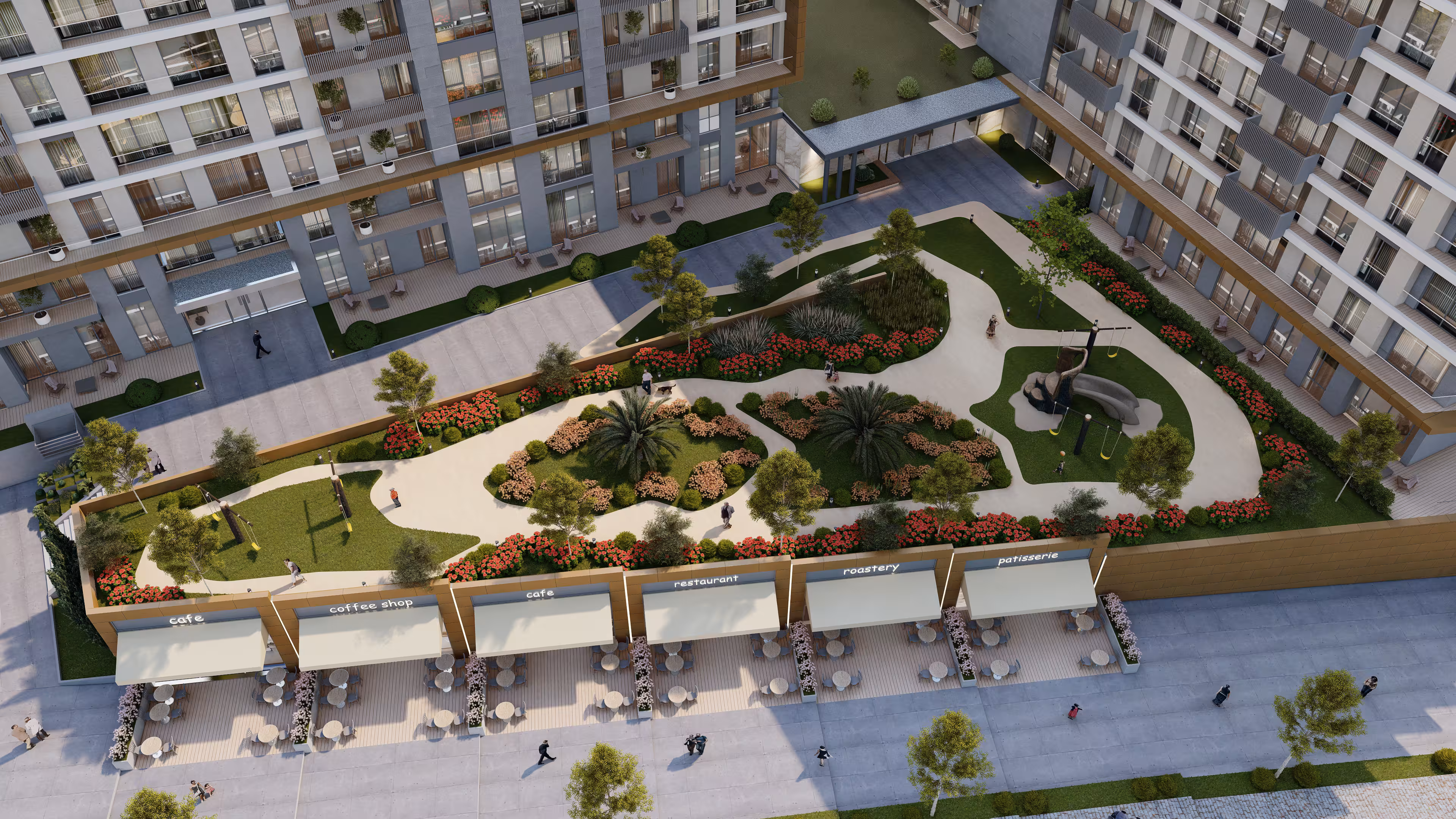alory Güneşli aerial central landscape area - commercial units, flower gardens and walking paths in community living center from above
