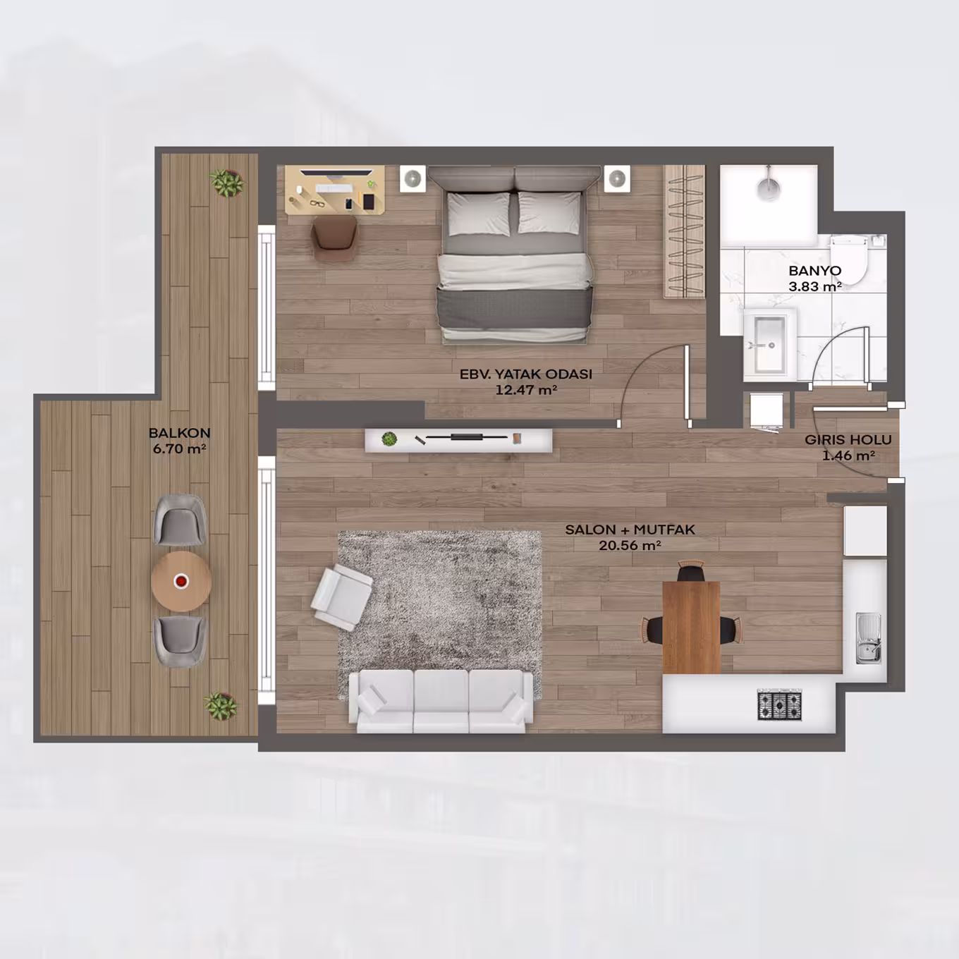 Valory Güneşli 1+1 apartment floor plan Block A - modern architecture and comfortable living spaces