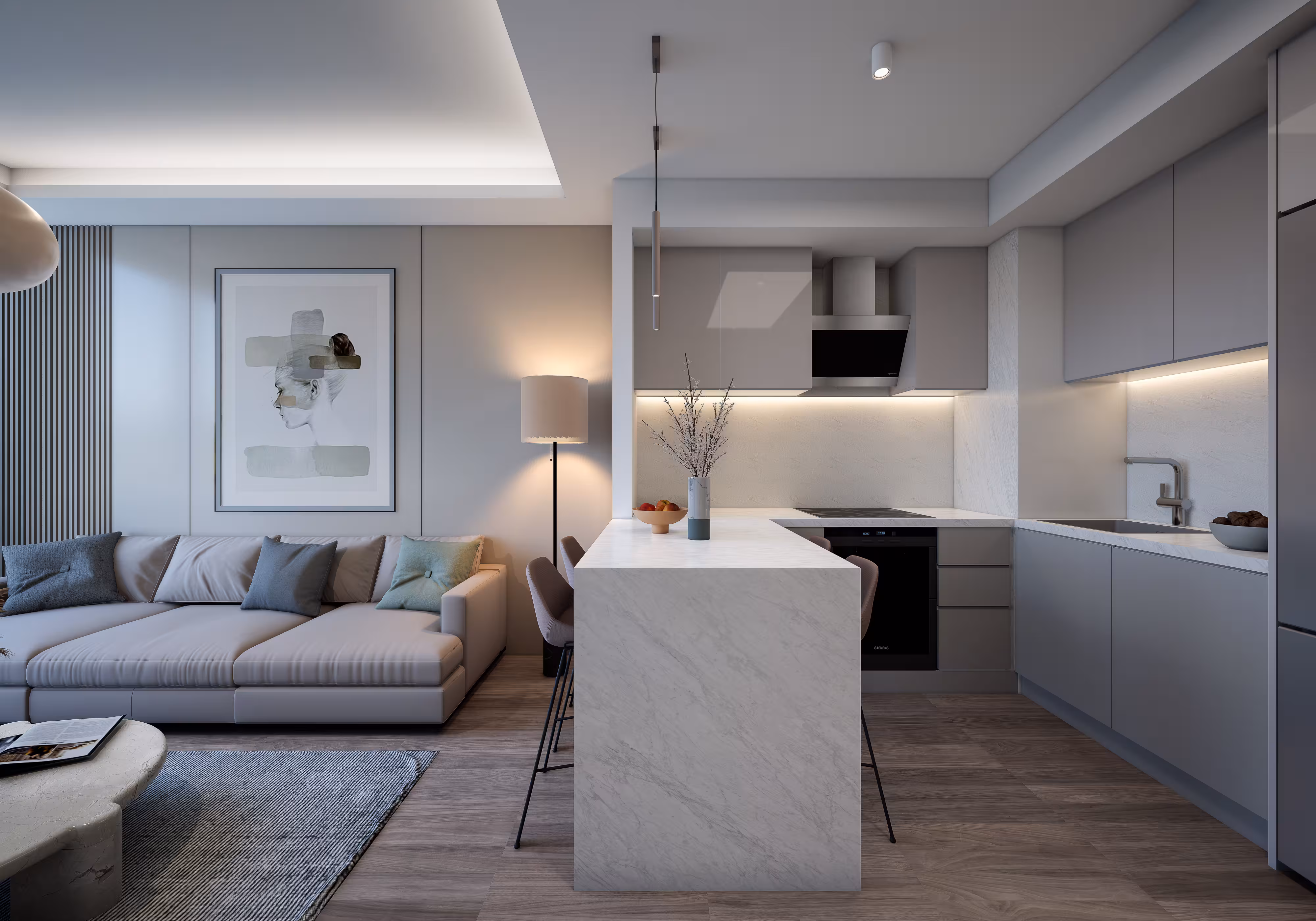 Valory Güneşli 1+1 apartment modern open kitchen and living area - premium residential project Istanbul Güneşli
