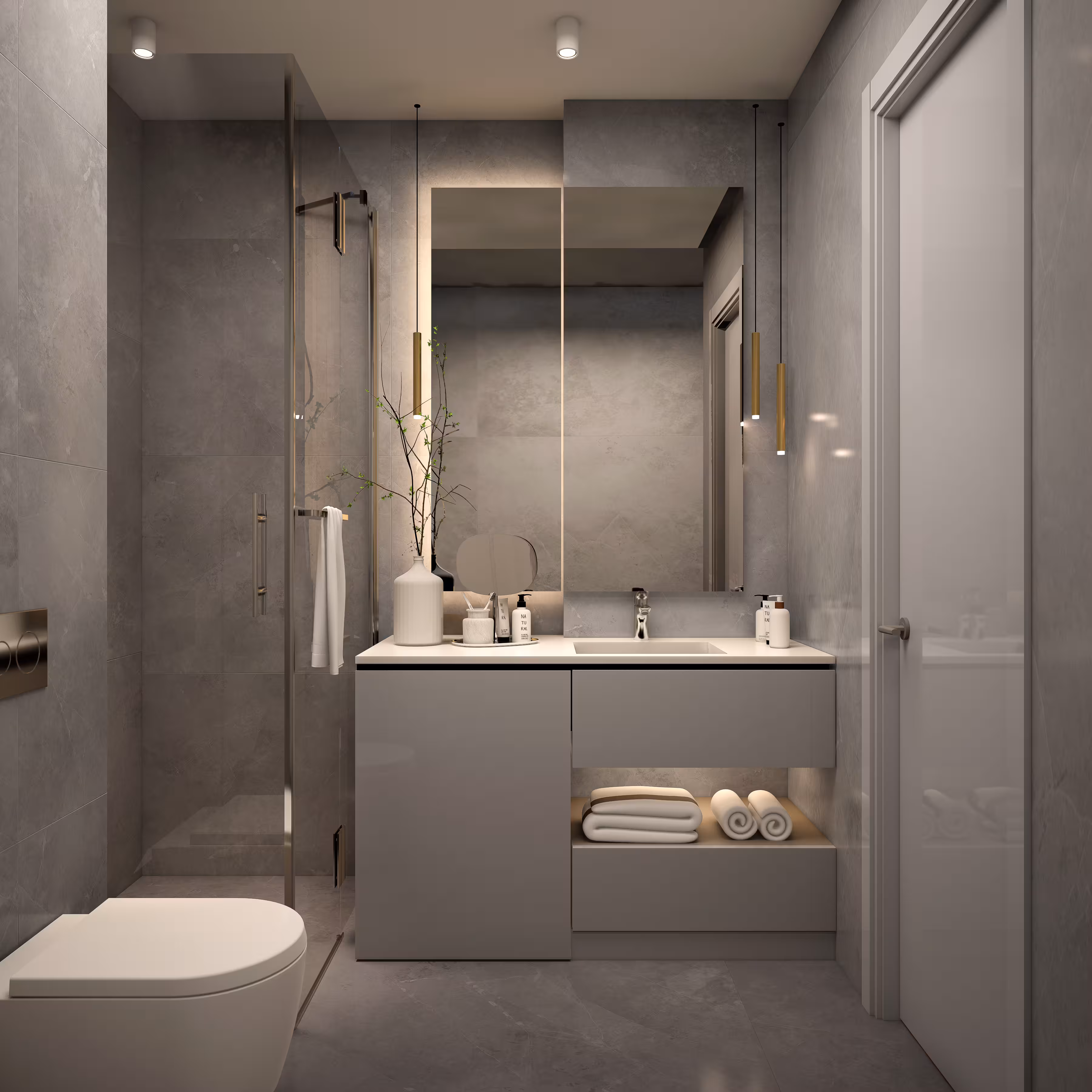 Valory Güneşli 1+1 apartment luxury bathroom design - modern fixtures and glass shower cabin