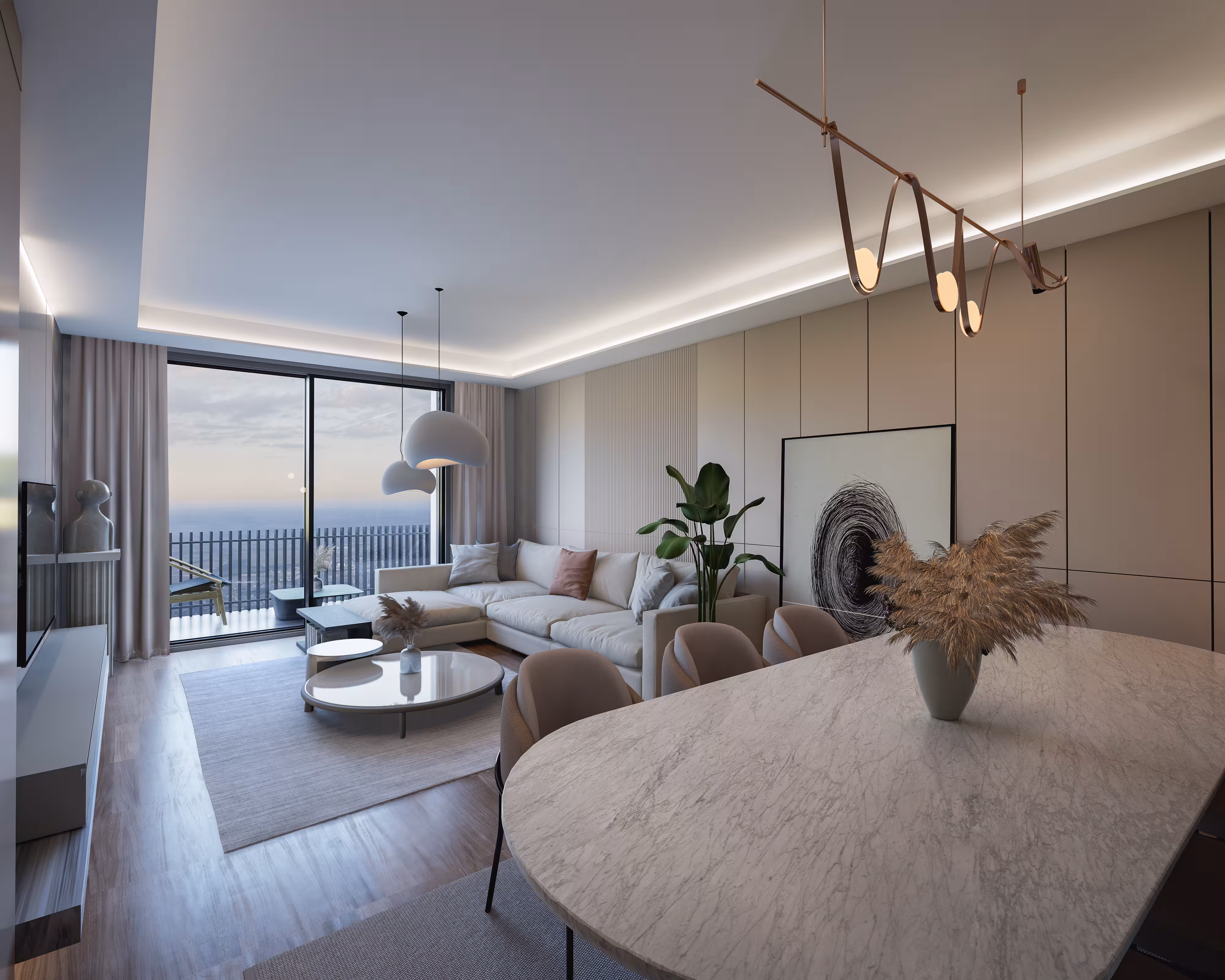 Valory Güneşli 2+1 daire giriş holü — modern ayna, sanatsal tablo ve şık detaylarla premium konut girişi.