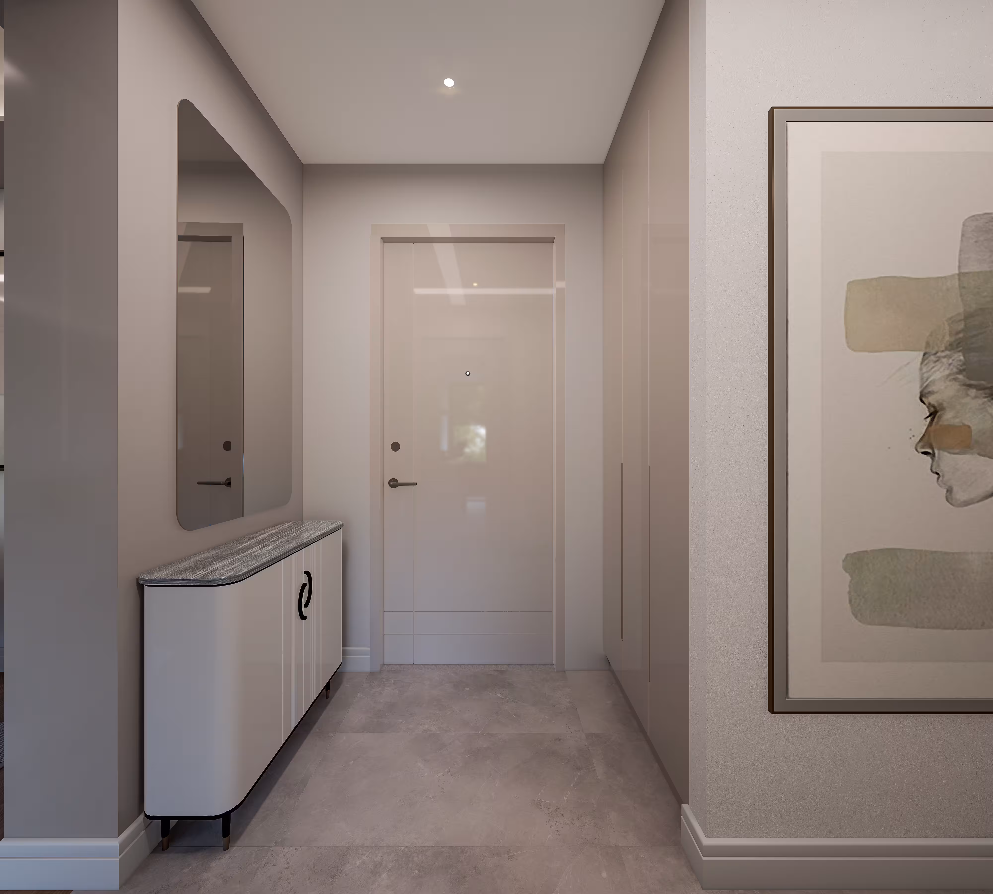 Valory Güneşli 2+1 apartment entrance hall — modern mirror, artistic painting and elegant details in premium residence.
