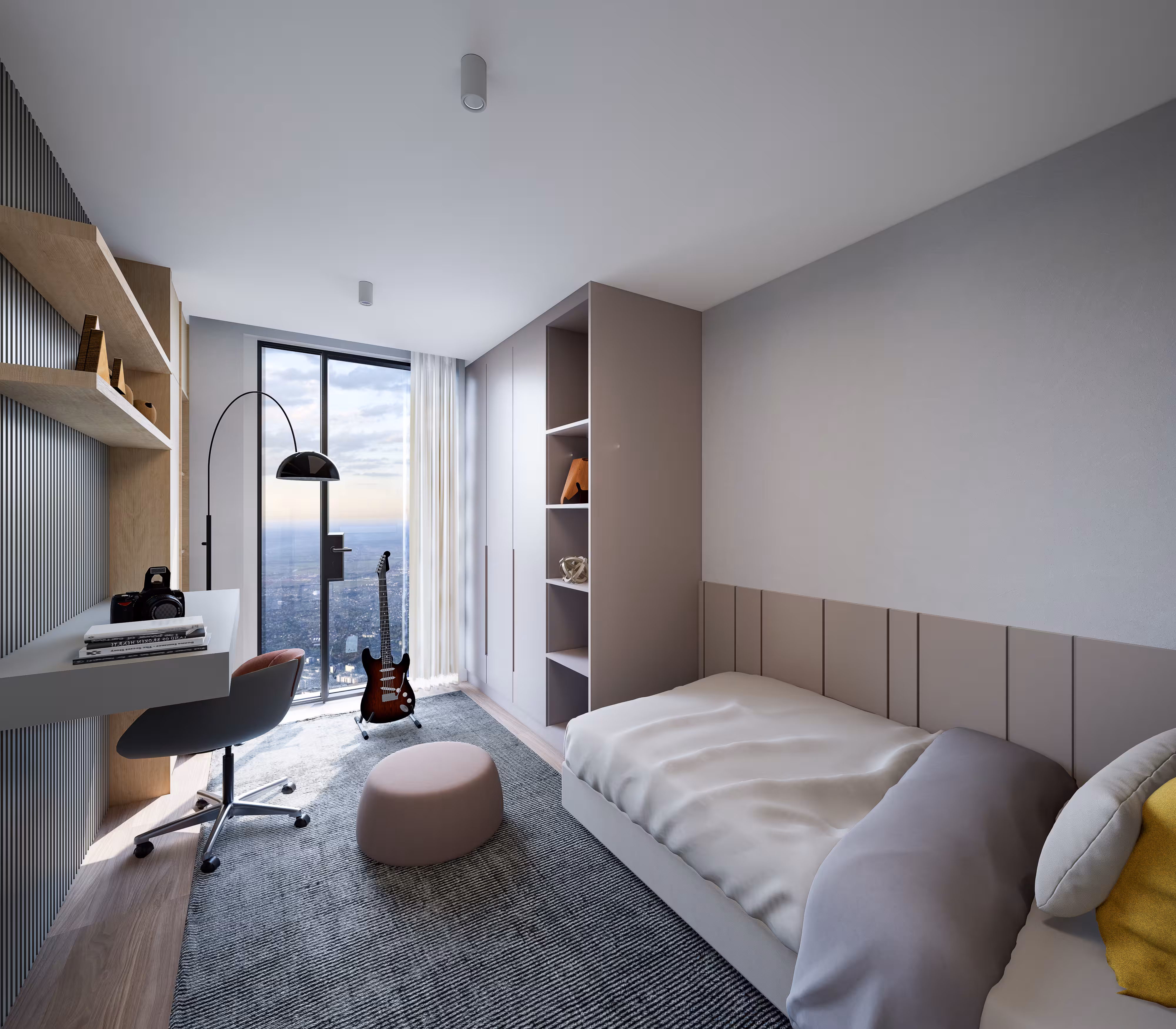 Valory Güneşli 2+1 apartment second bathroom — modern vanity unit, open towel shelf and elegant premium bathroom design.