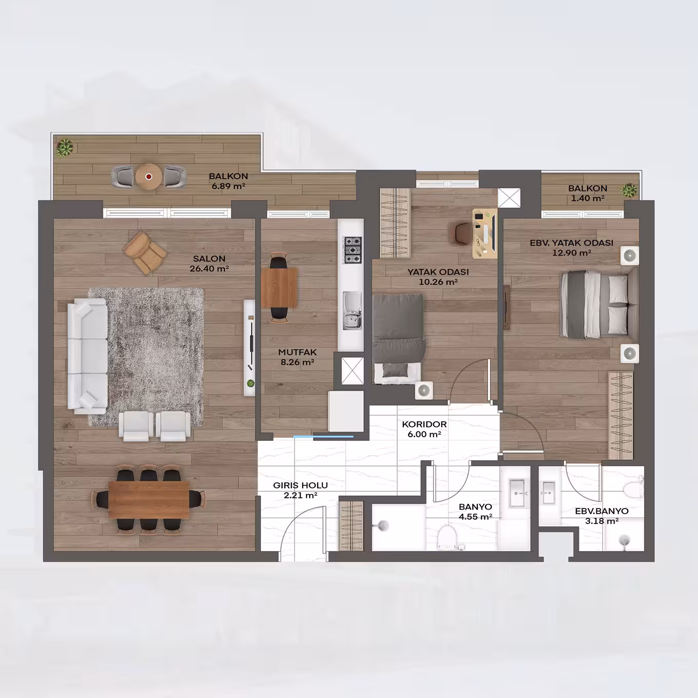 Valory Güneşli 2+1 apartment floor plan Block B - modern architecture and comfortable living spaces