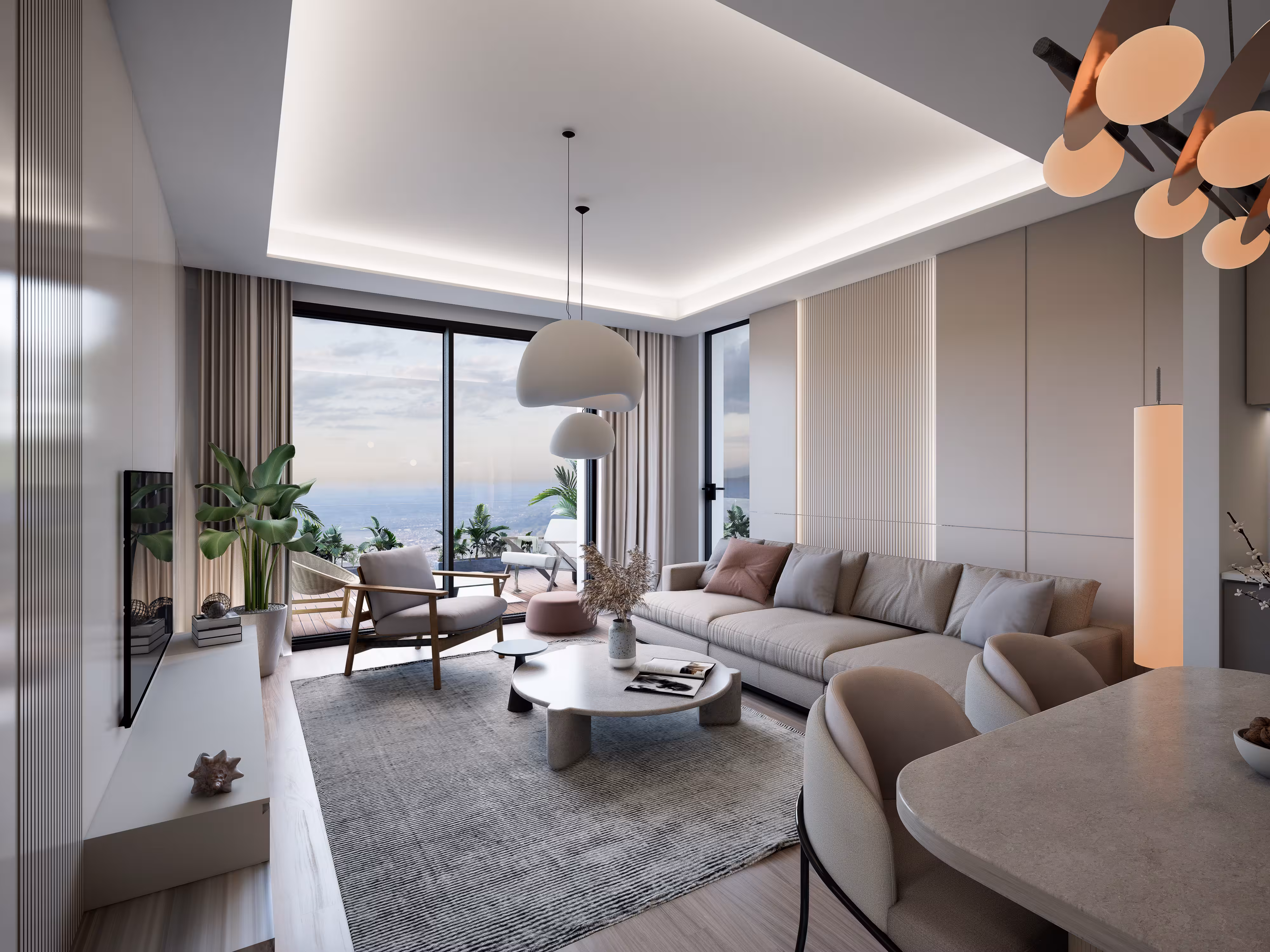 Valory Güneşli 2+1 apartment spacious living room — sea-view balcony, modern sofa set and premium decor details.