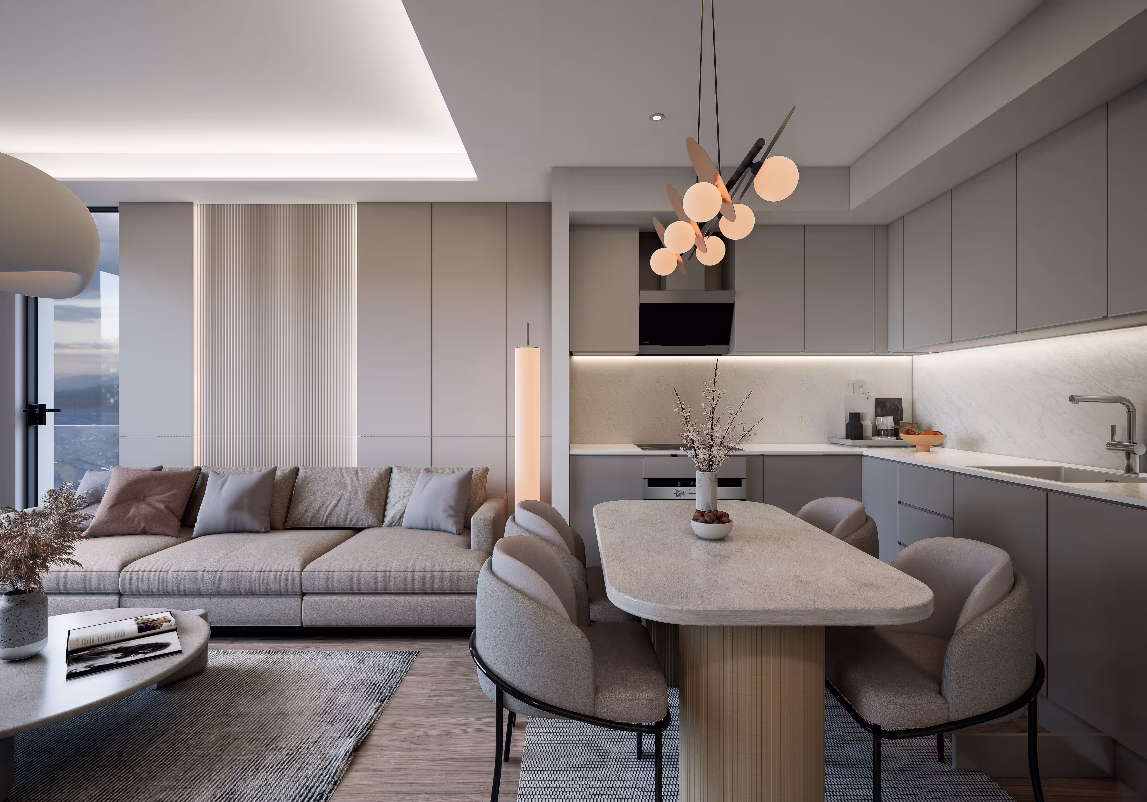 Valory Güneşli 2+1 apartment open kitchen and dining area — modern design, functional kitchen cabinets and luxury dining table.
