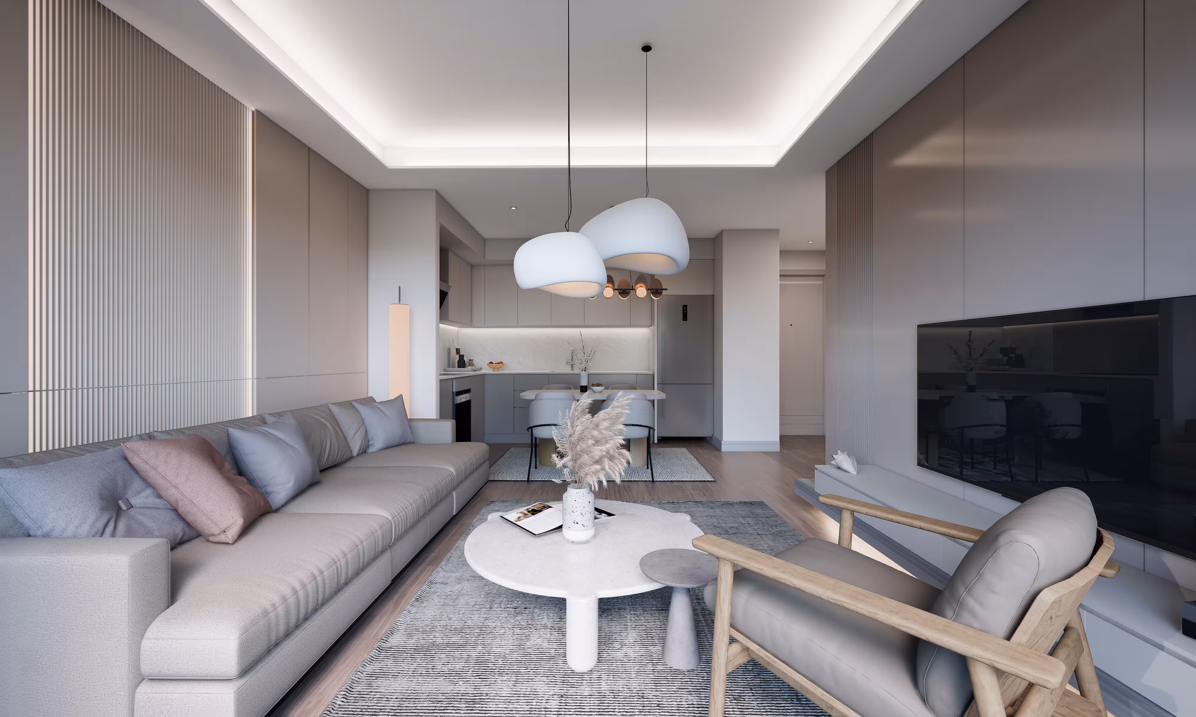 Valory Güneşli 2+1 apartment living room and kitchen overview — modern sitting area, TV unit and premium open kitchen design.