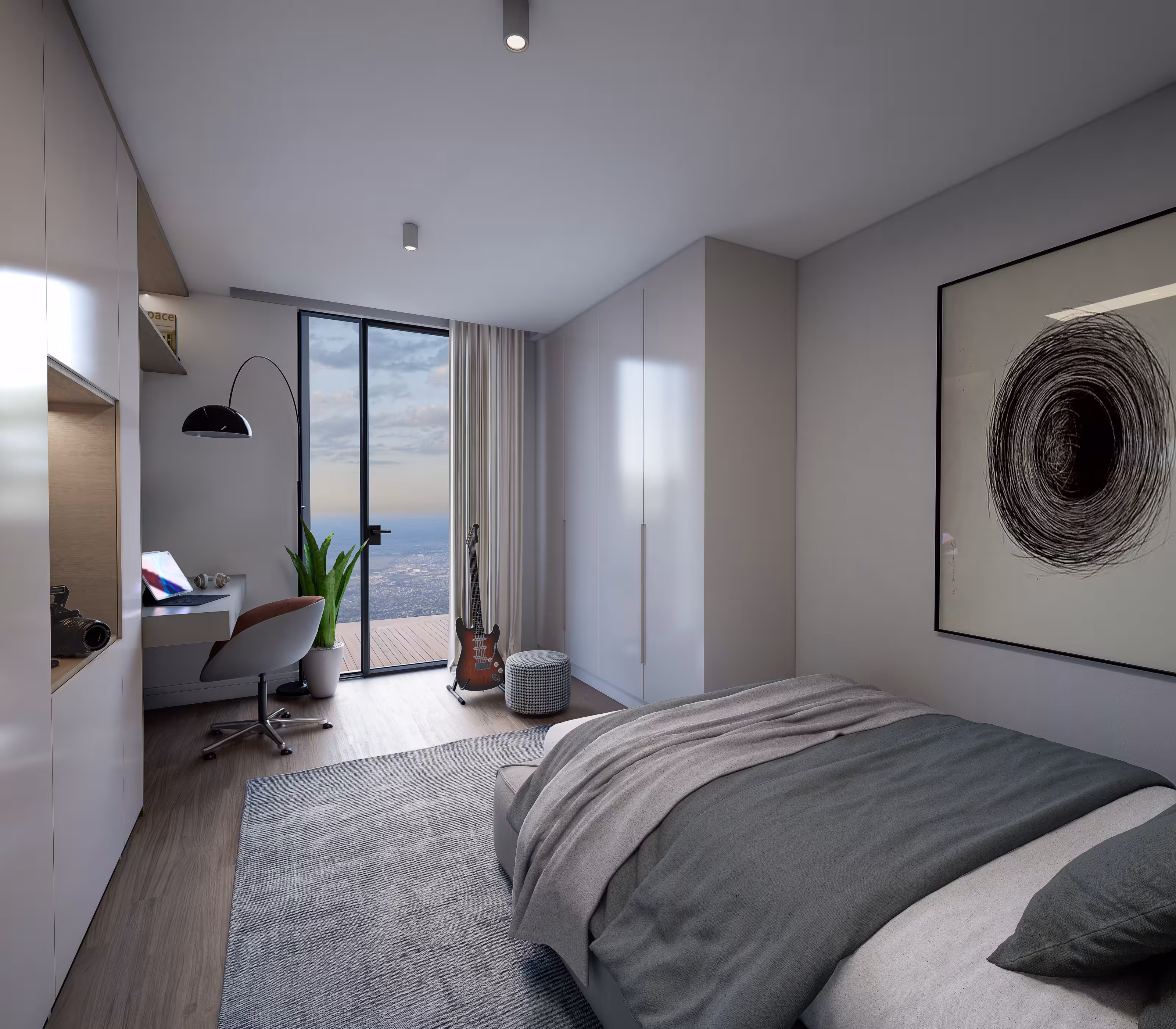 Valory Güneşli 2+1 apartment kids/study room — modern desk, city view and functional wardrobe design.