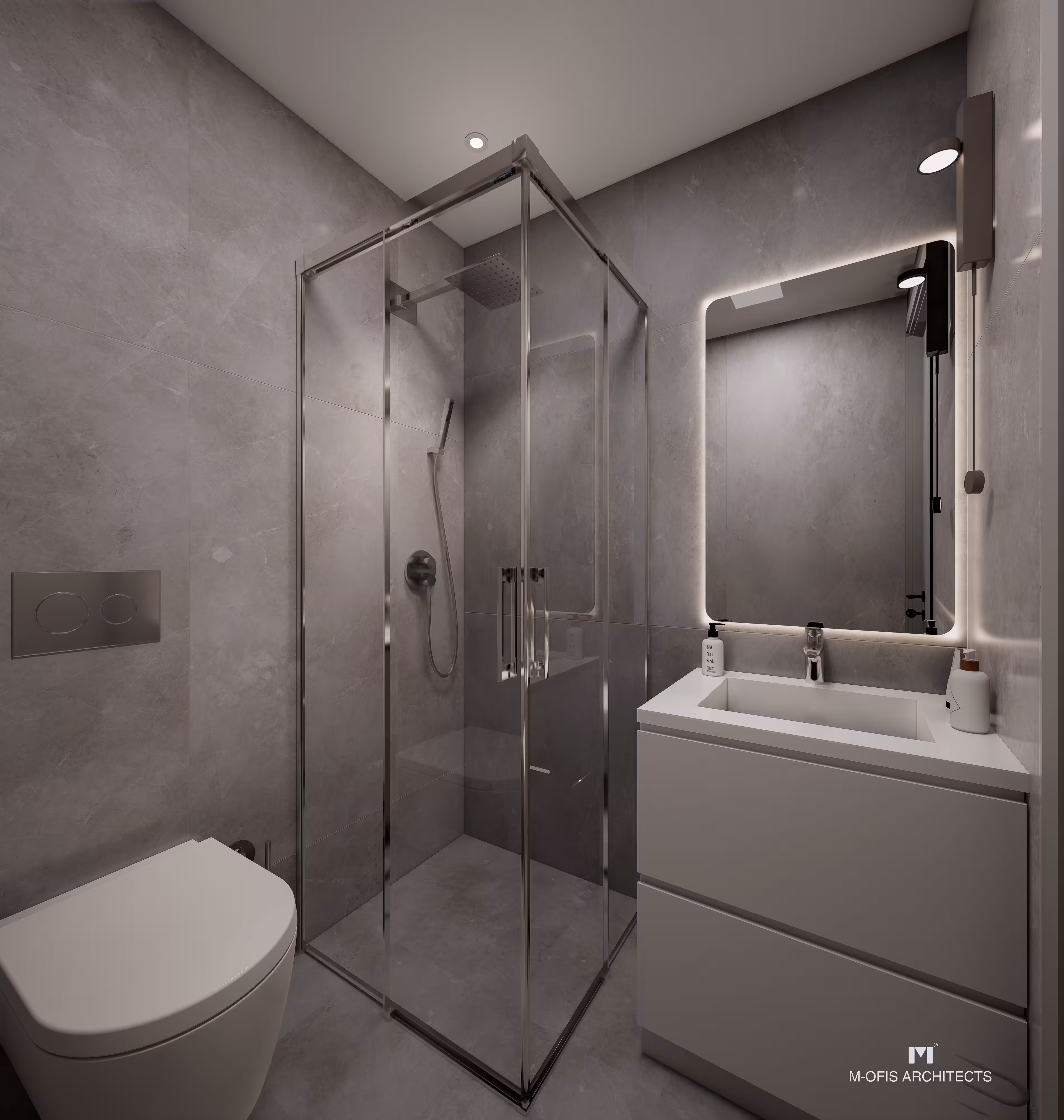 Valory Güneşli 2+1 apartment guest bathroom — glass shower cabin, modern vanity unit and premium grey wall finish.
