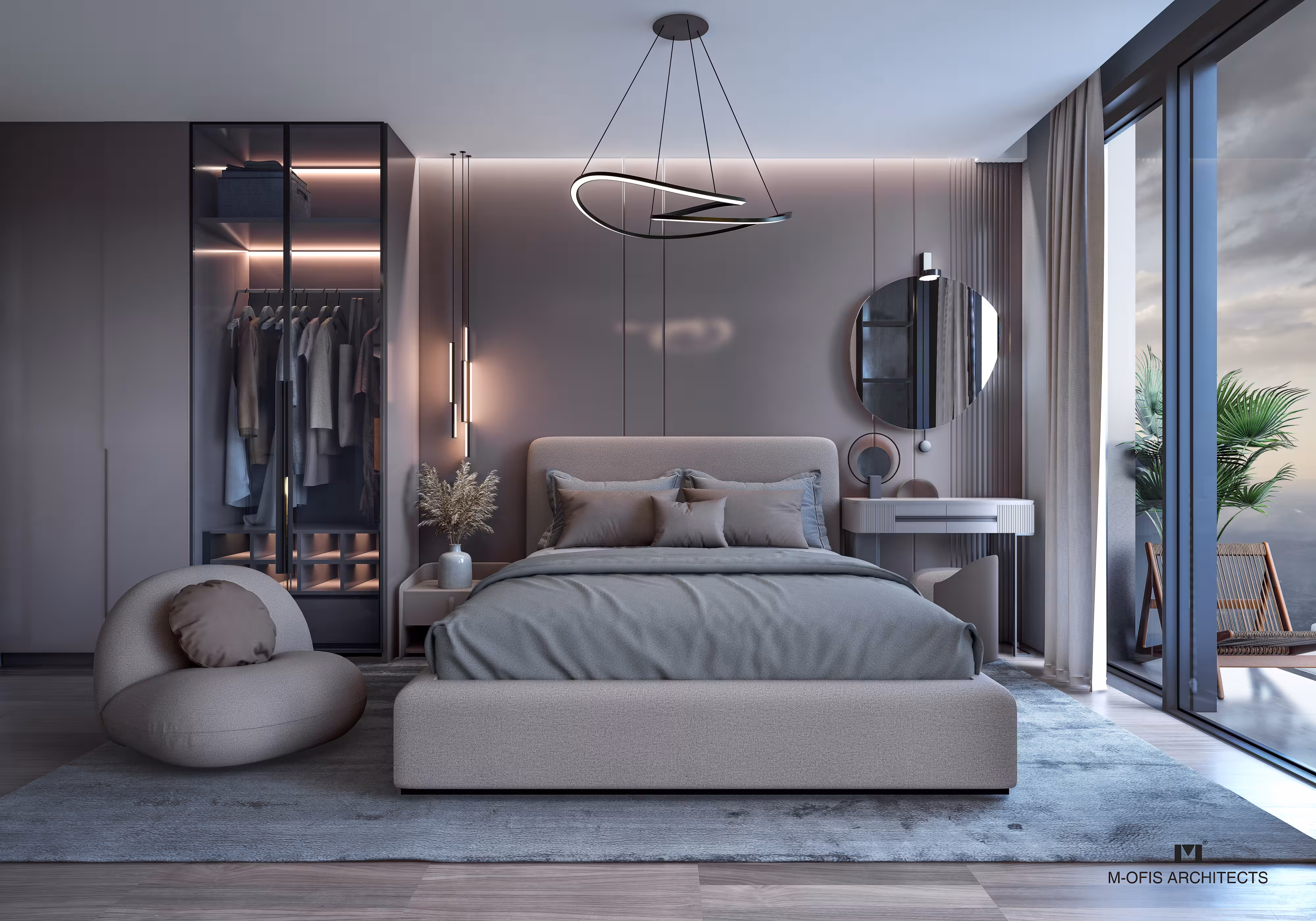 Valory Güneşli 2+1 apartment master bedroom — open wardrobe area, modern headboard and balcony view in luxury living space.