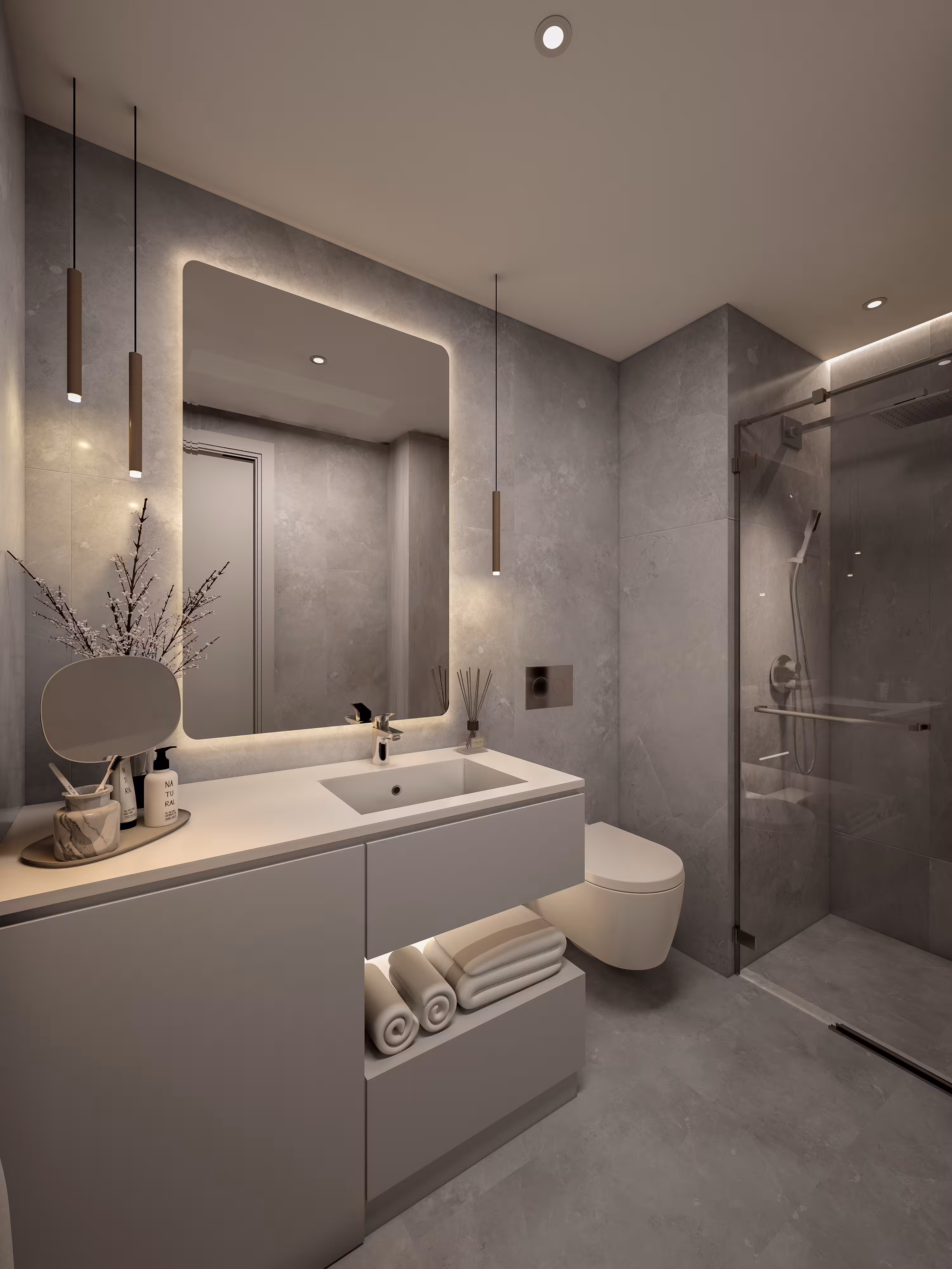 Valory Güneşli 2+1 apartment master bathroom — vanity unit with LED mirror, modern shower cabin and elegant premium bathroom design.