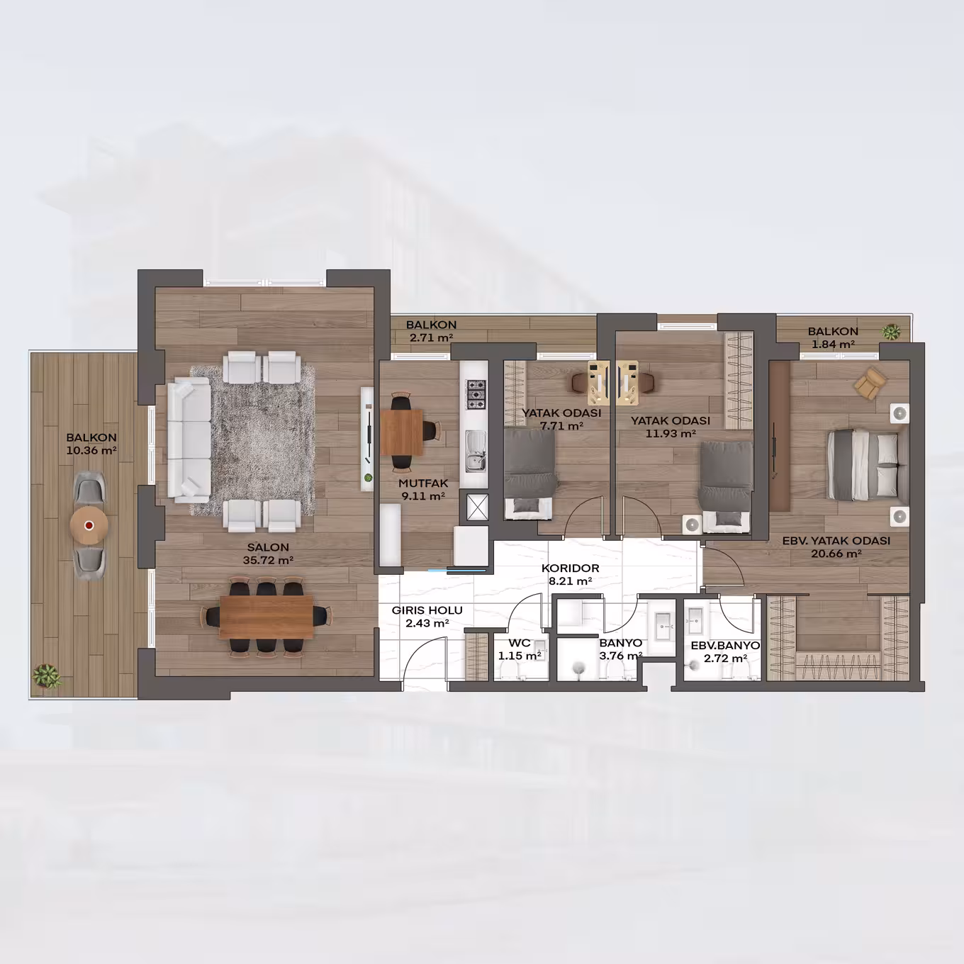Valory Güneşli 3+1 apartment floor plan Block A - modern architecture and comfortable living spaces