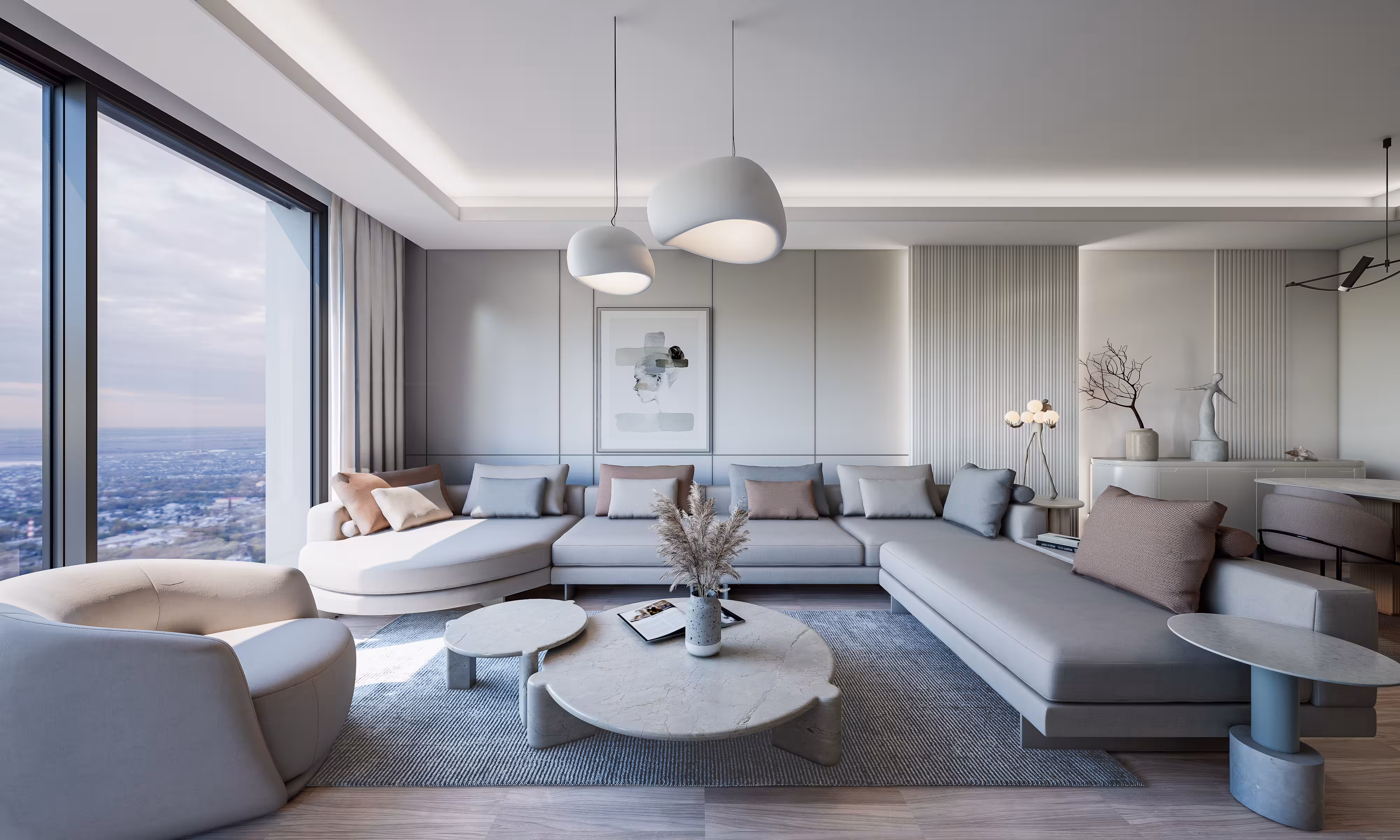 Valory Güneşli 3+1 apartment spacious living room — panoramic city view, modern sofa set and premium decor details.