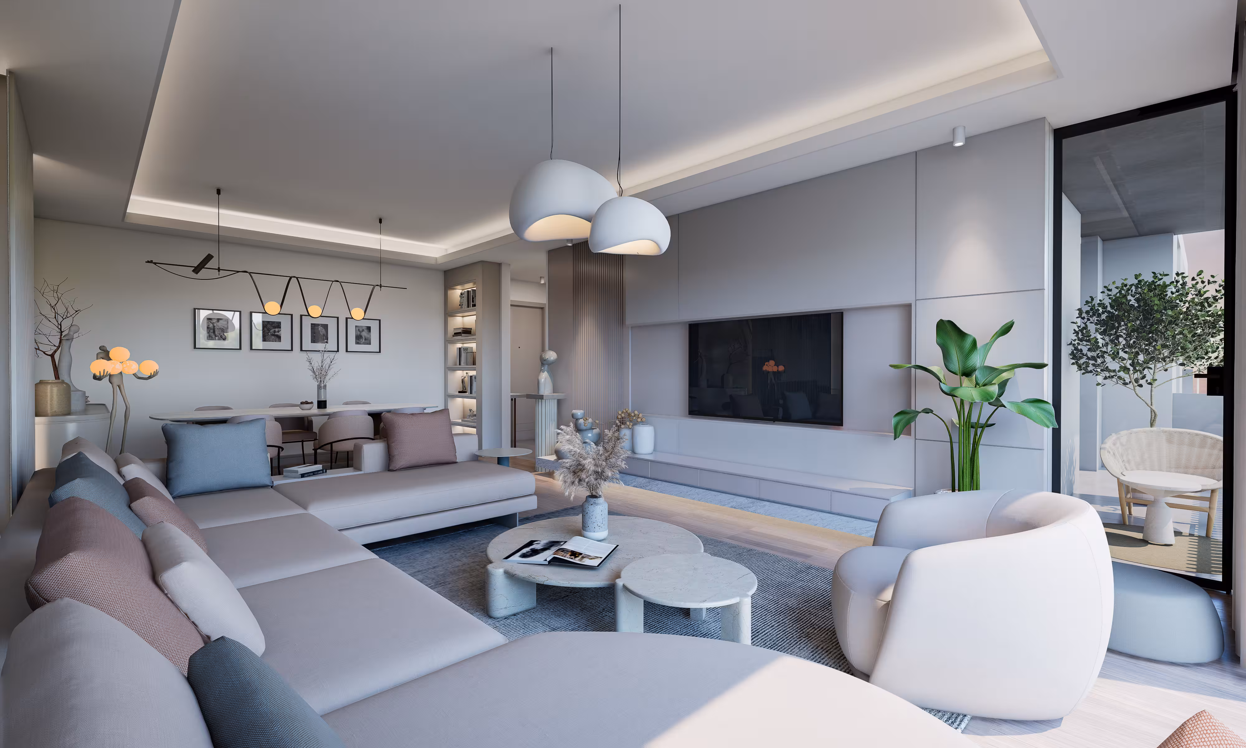 Valory Güneşli 3+1 apartment living and dining area — modern dining table, stylish lighting and spacious sitting area.