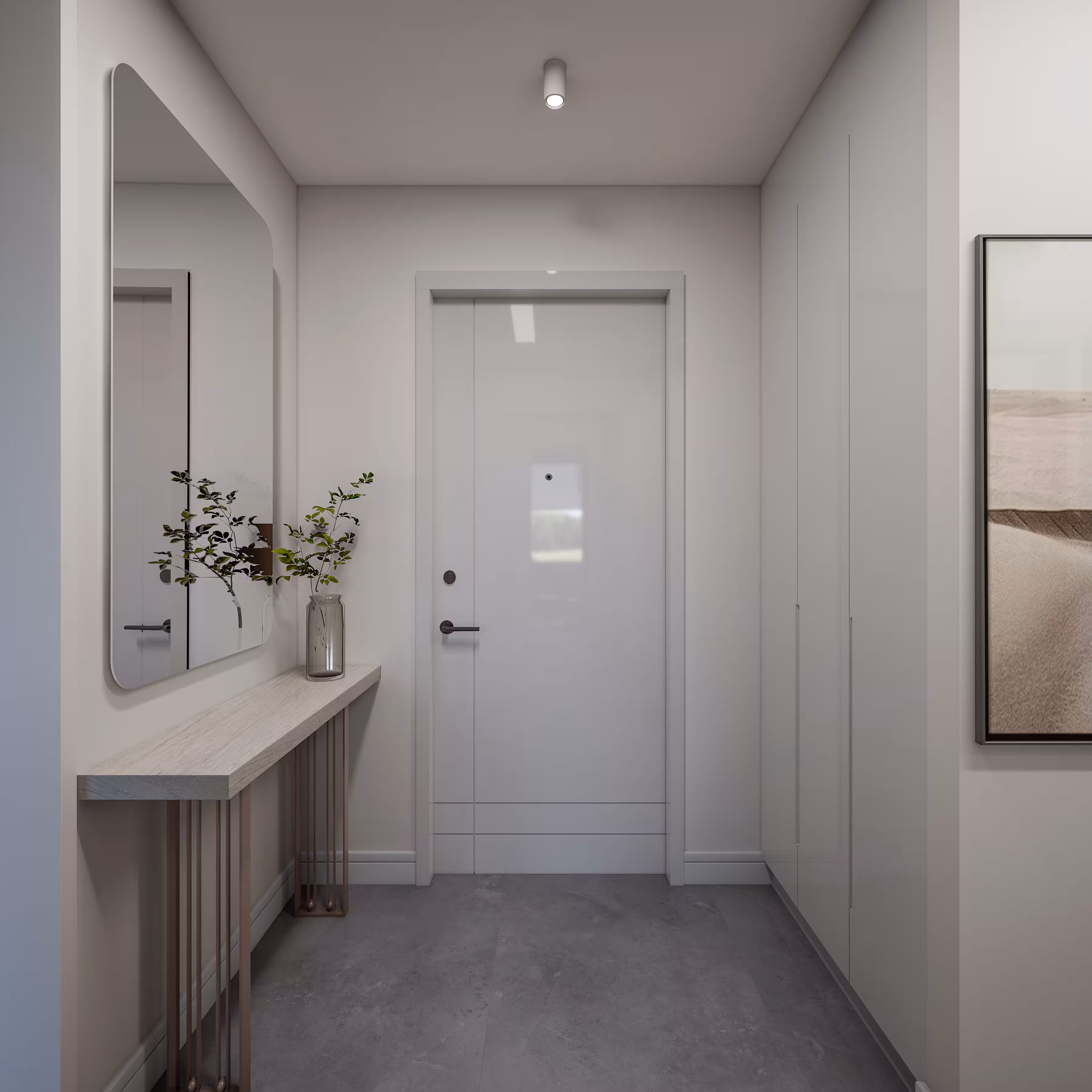 Valory Güneşli 3+1 apartment entrance hall — modern mirror, decorative console and premium corridor design.