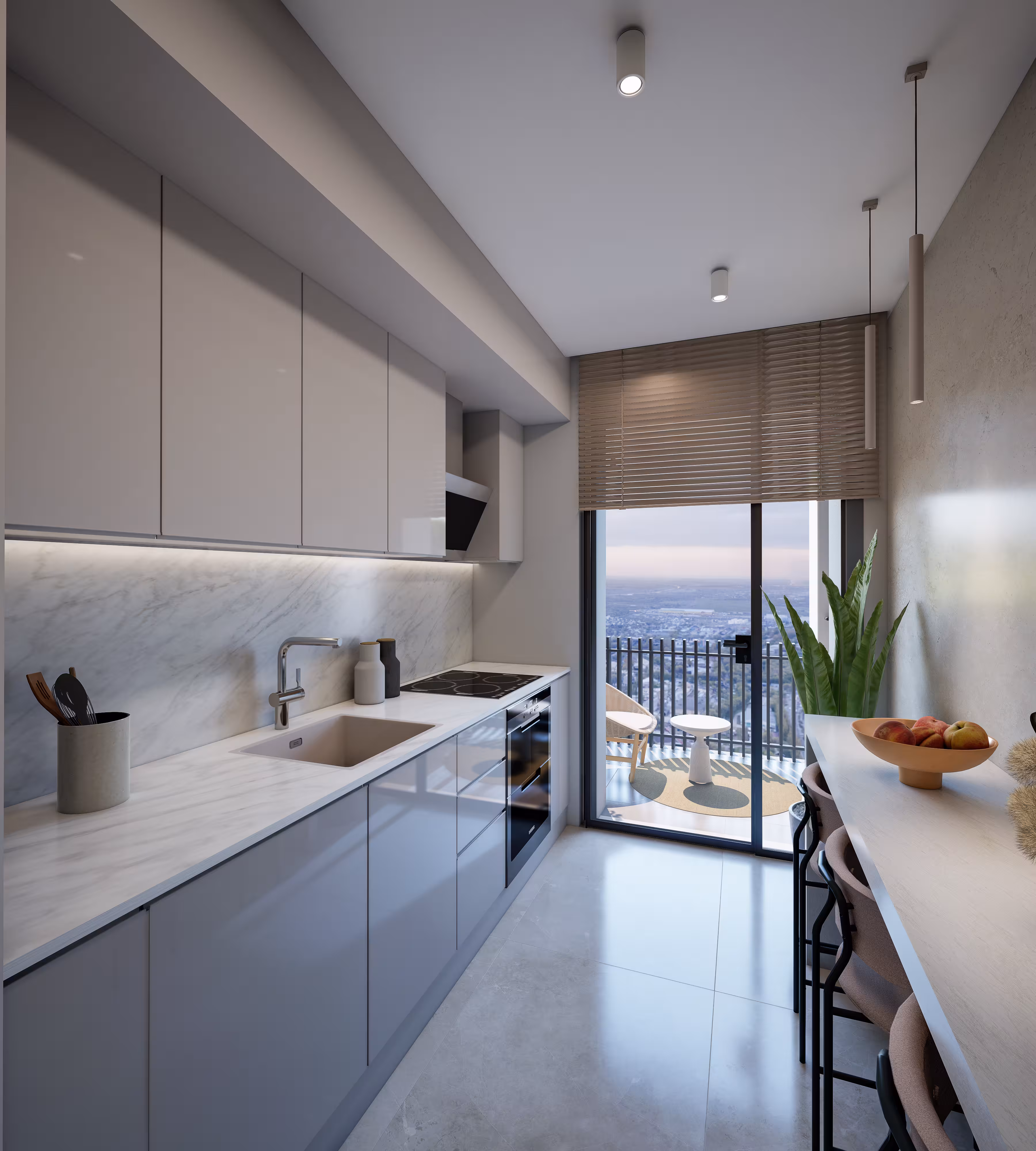 Valory Güneşli 3+1 apartment modern kitchen — functional countertop, balcony door with city view and premium kitchen details.