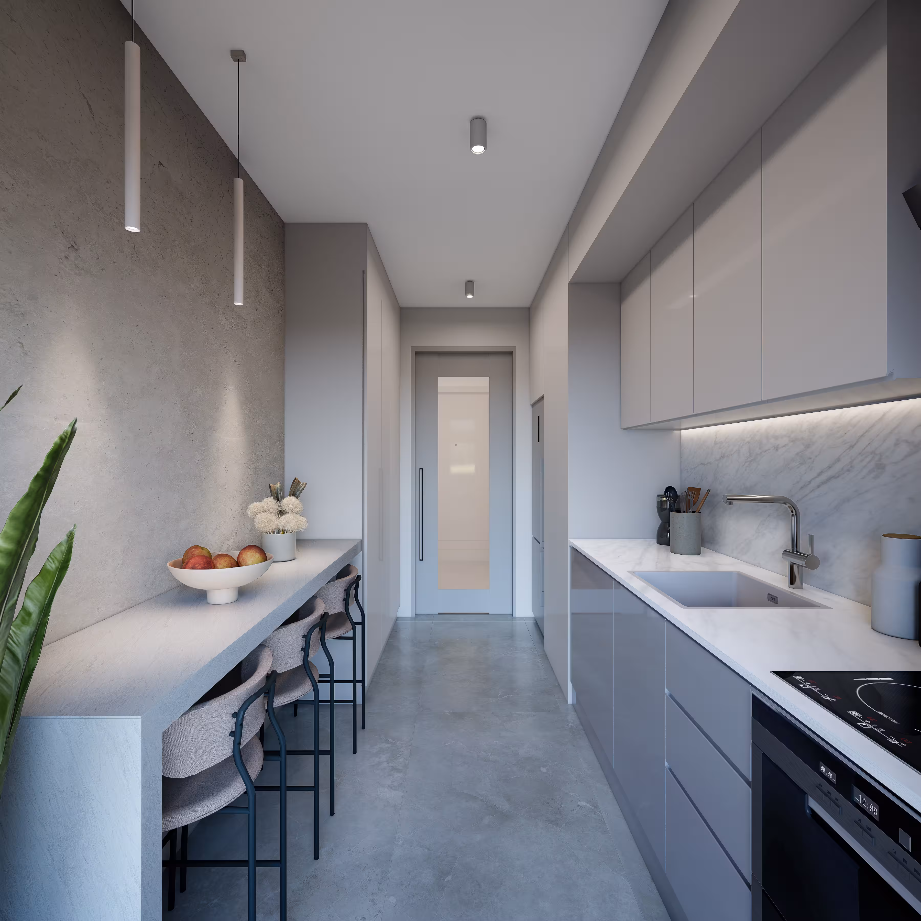 Valory Güneşli 3+1 apartment kitchen overview — spacious breakfast bar, modern kitchen cabinets and stylish lighting.