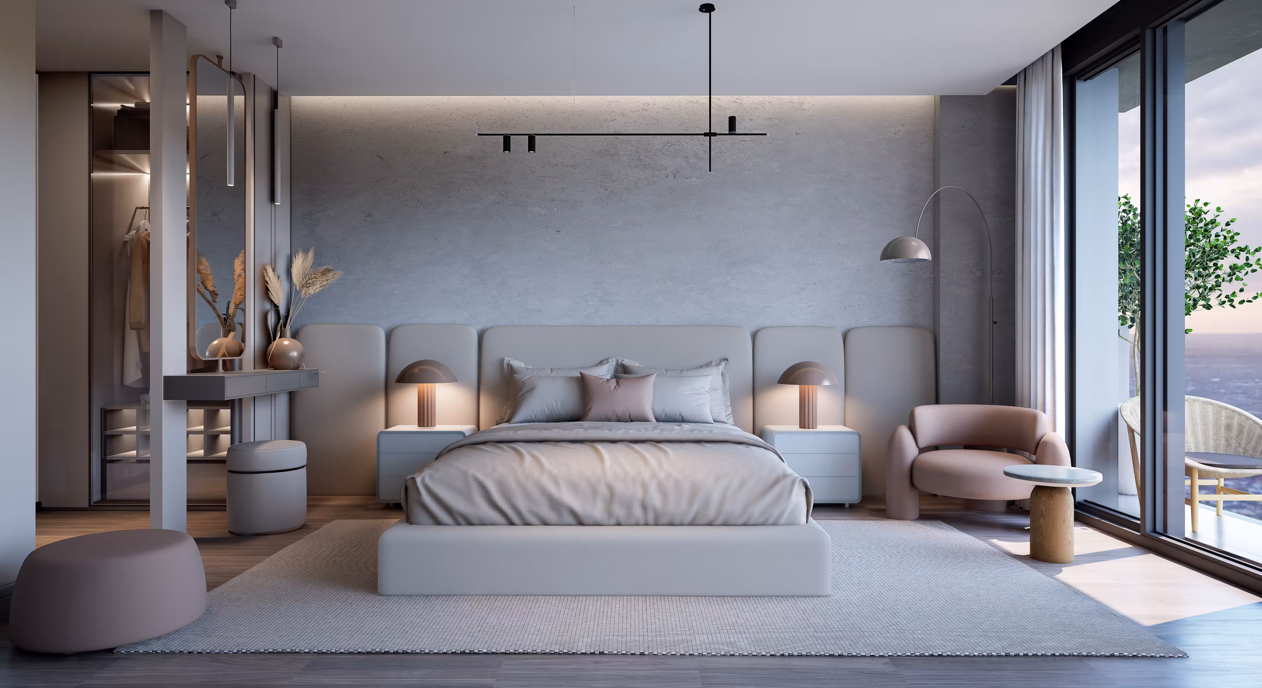 Valory Güneşli 3+1 apartment master bedroom — open wardrobe area, modern dressing table and balcony view in premium living space.