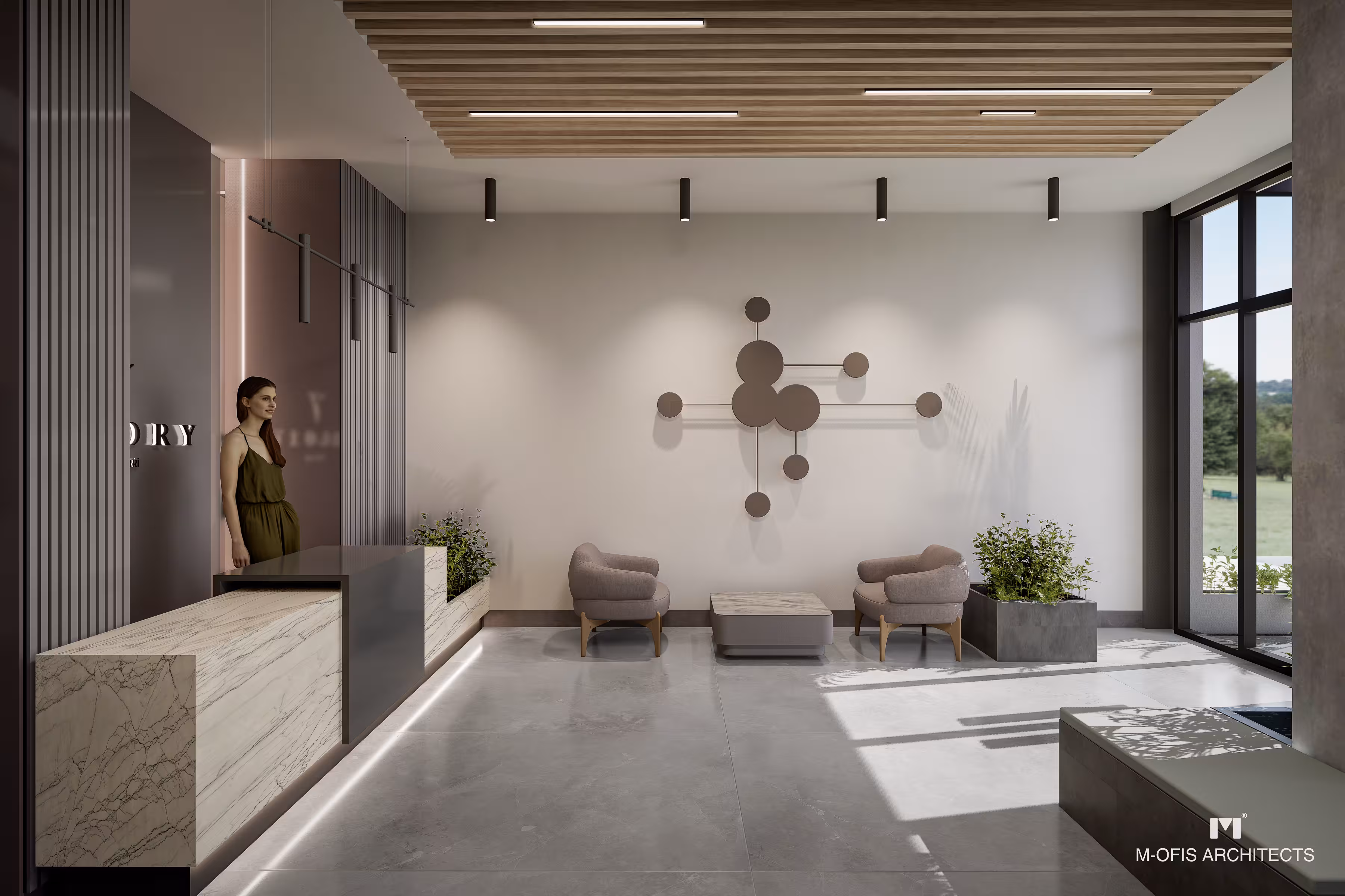 Valory Güneşli main lobby reception area - premium marble details, modern architecture and green plants in welcoming entrance