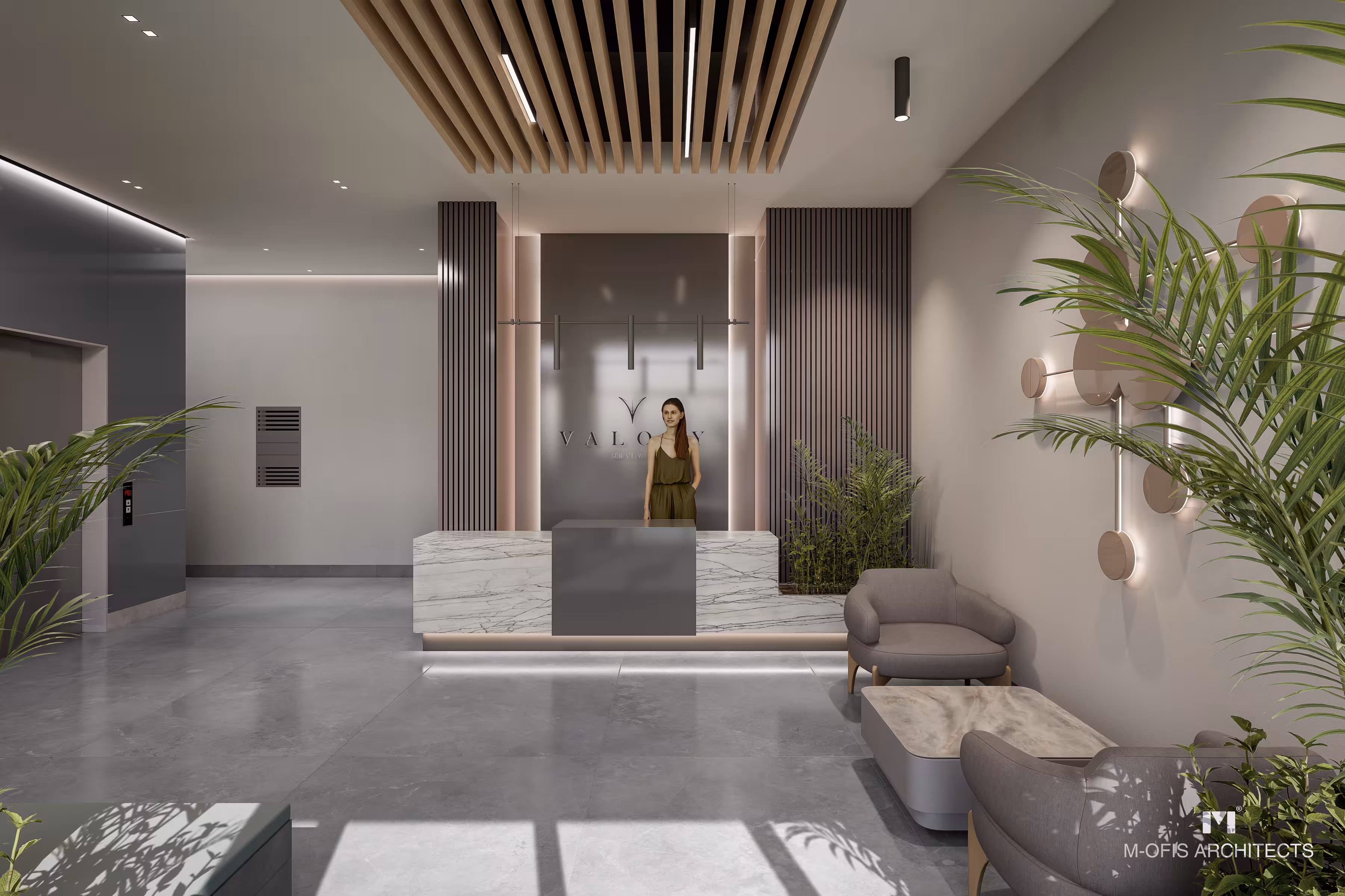 Valory Güneşli lobby concierge area - wooden details, marble surfaces and mailbox section in professional service center