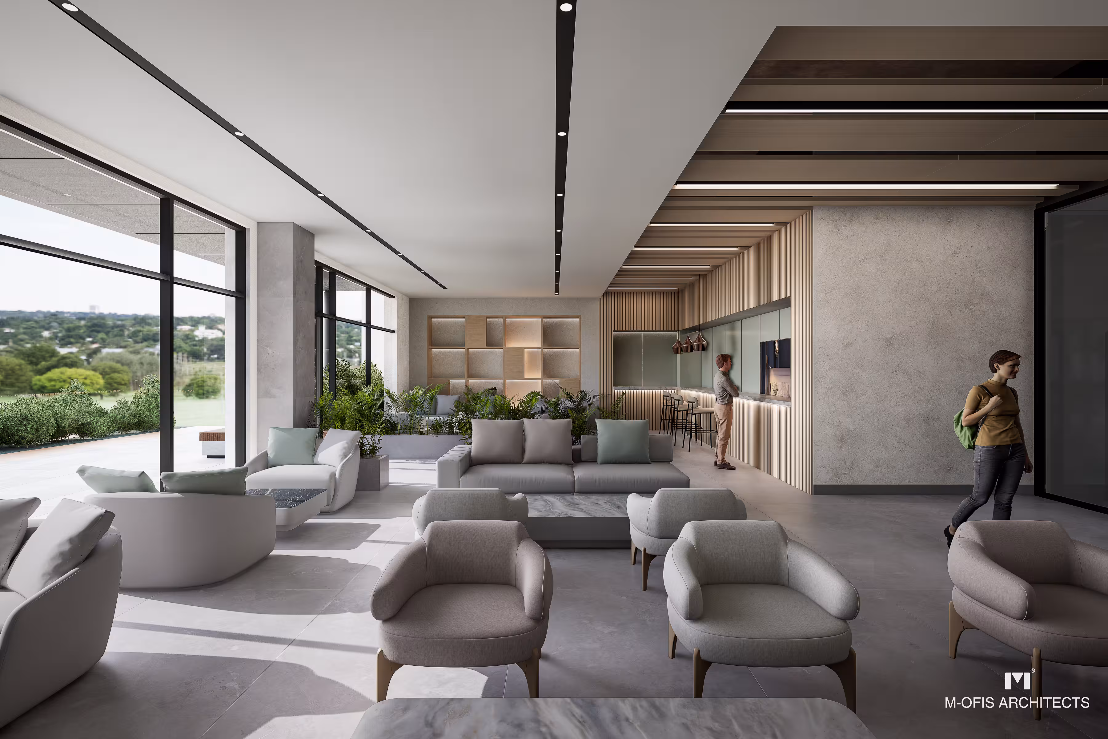 Valory Güneşli social living space - spacious seating groups, panoramic windows and open kitchen concept in modern community area