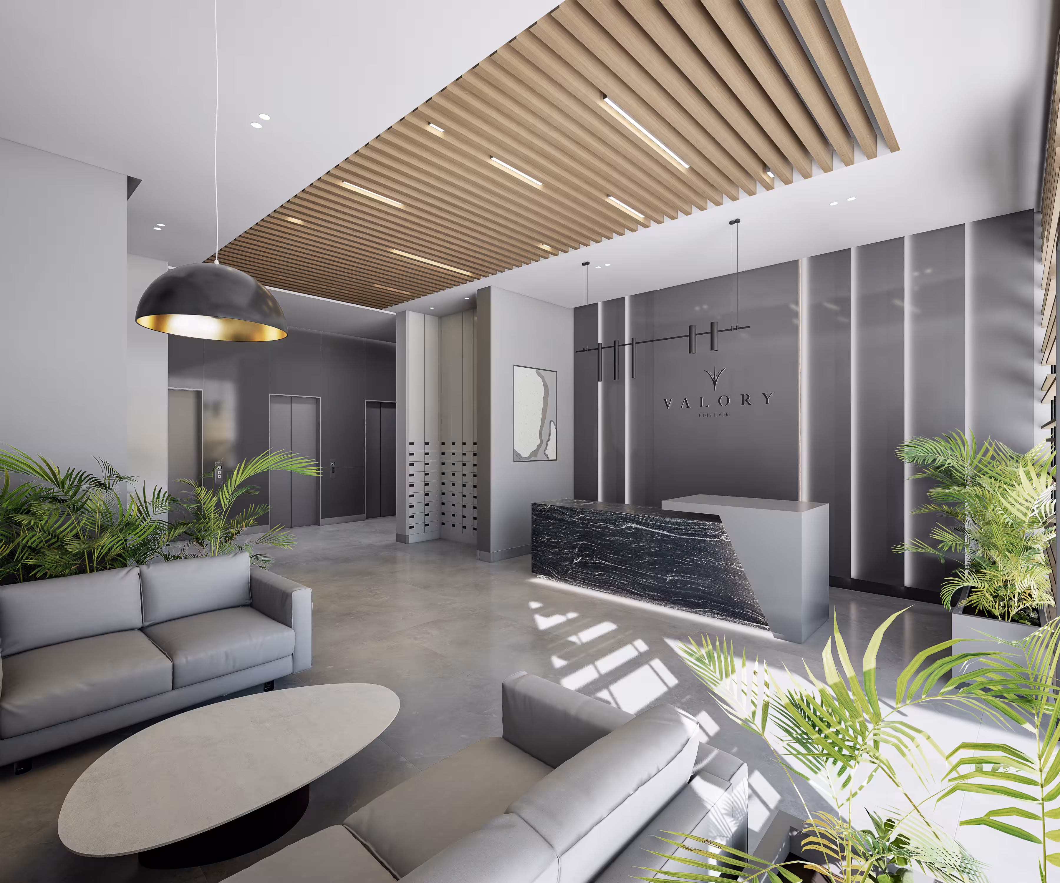 Valory Güneşli modern lobby lounge area - marble reception, comfortable seating and natural lighting in luxury living spaces