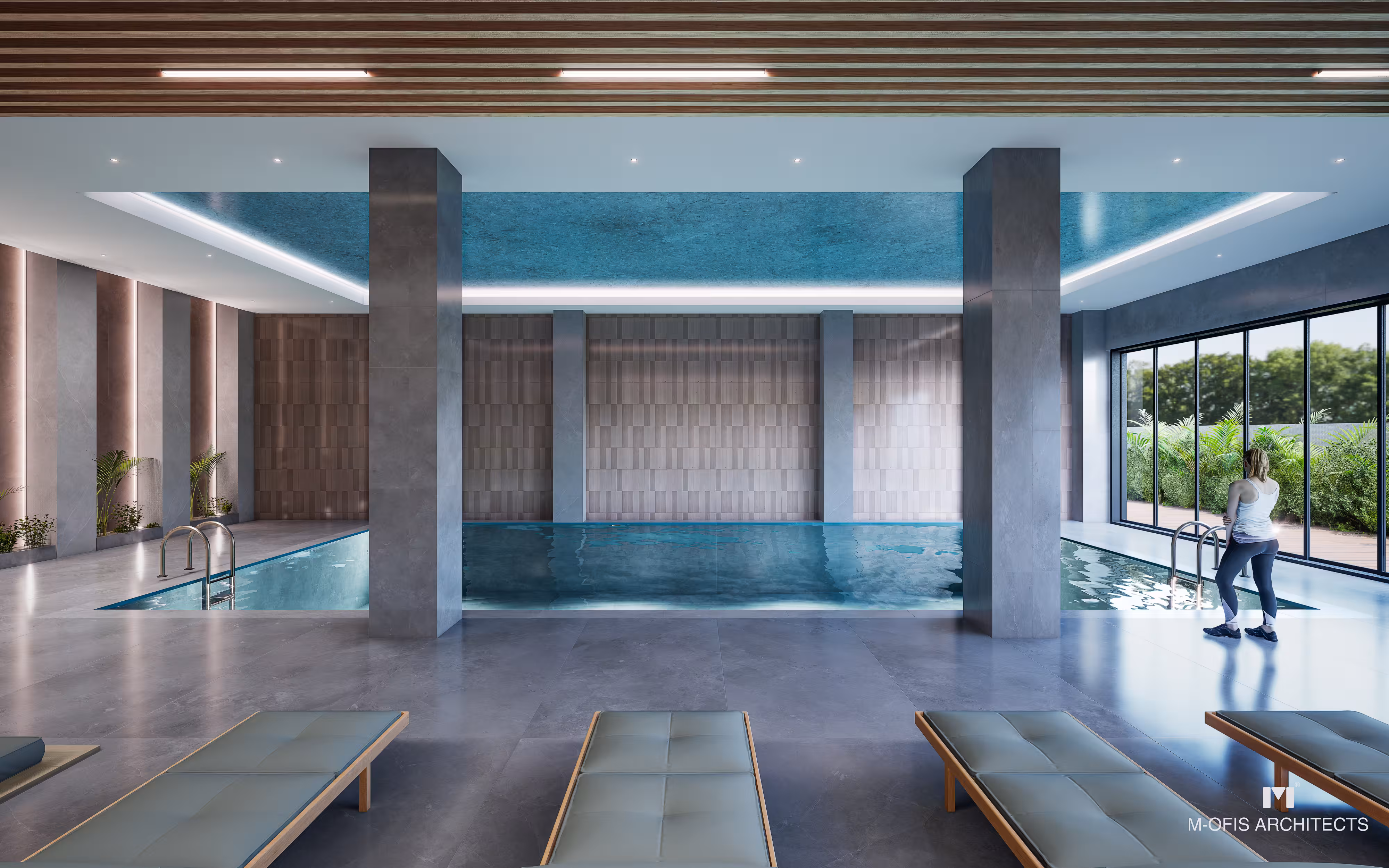 Valory Güneşli indoor swimming pool - modern design, relaxation loungers and premium lighting in luxury aqua center